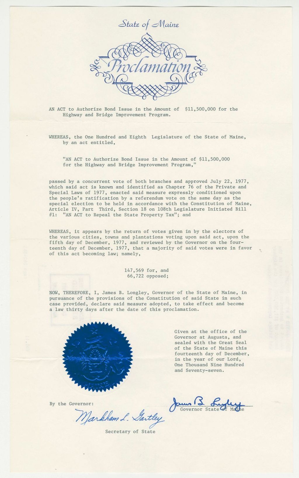 Miniature of An Act to Authorize Bond Issue in the Amount of $11,500,000 for the Highway and Bridge Improvement Program