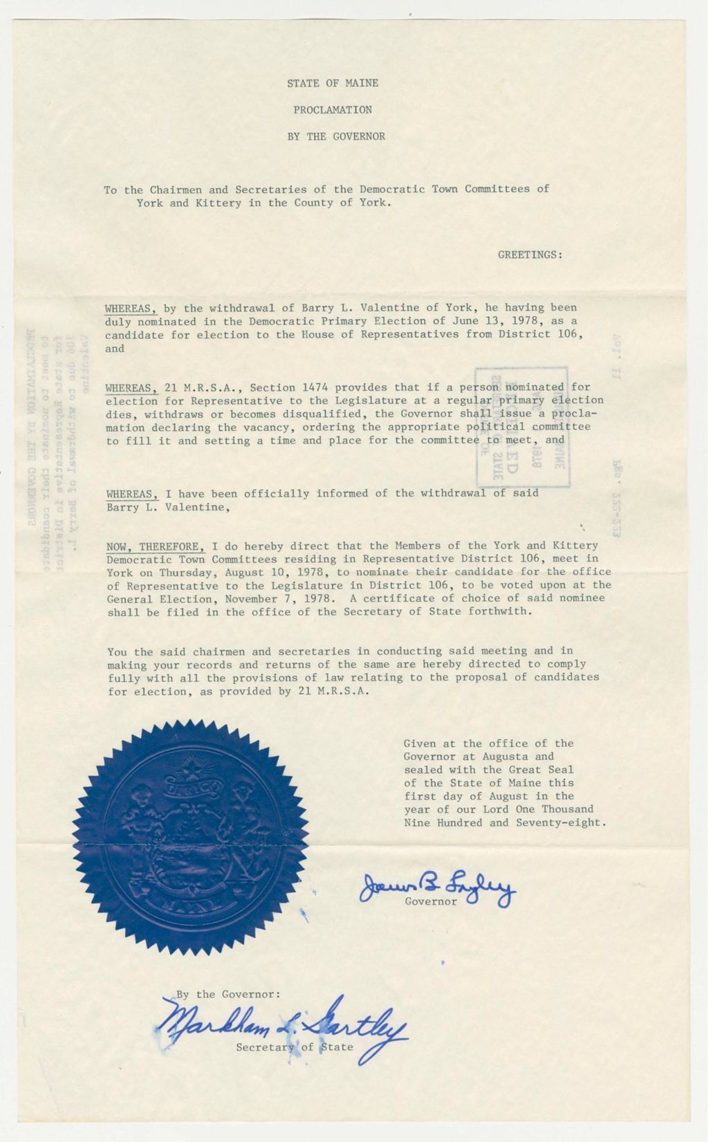 Miniature of to meet to nominate their candidate for state representative in District 106 due to withdrawal of Barry L. Valentine