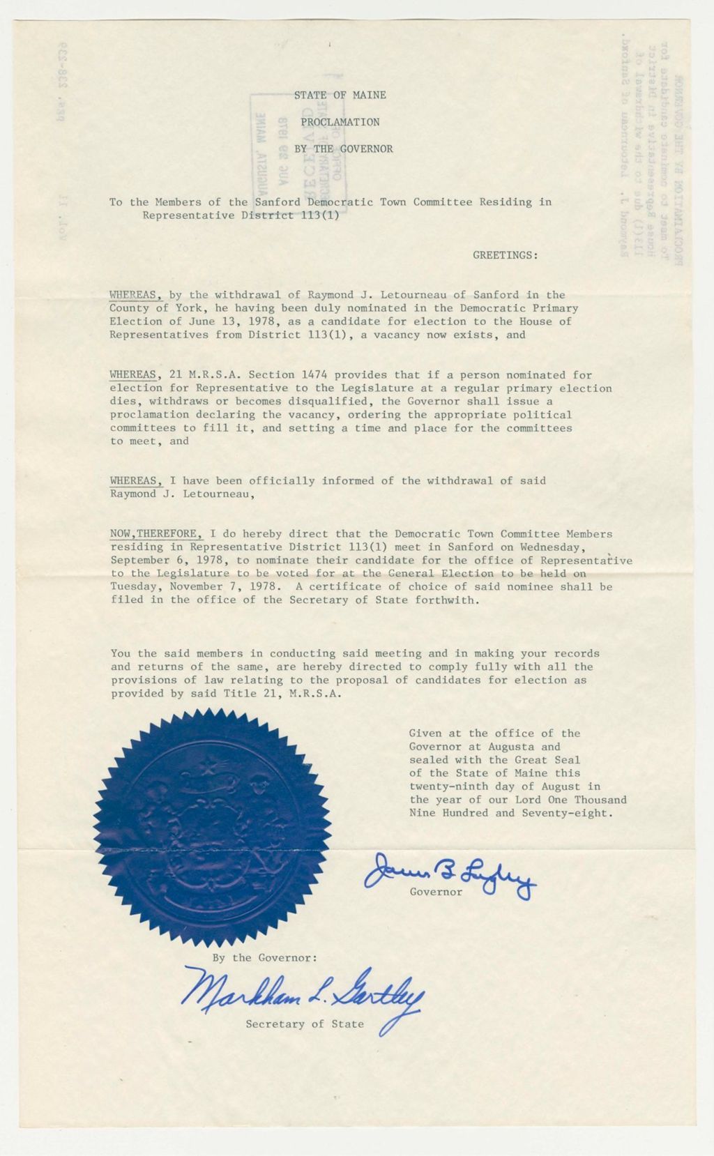 Miniature of To meet to nominate candidate for House Representative in District 113(1) due to withdrawal of Raymond J. Letourneau of Sanford