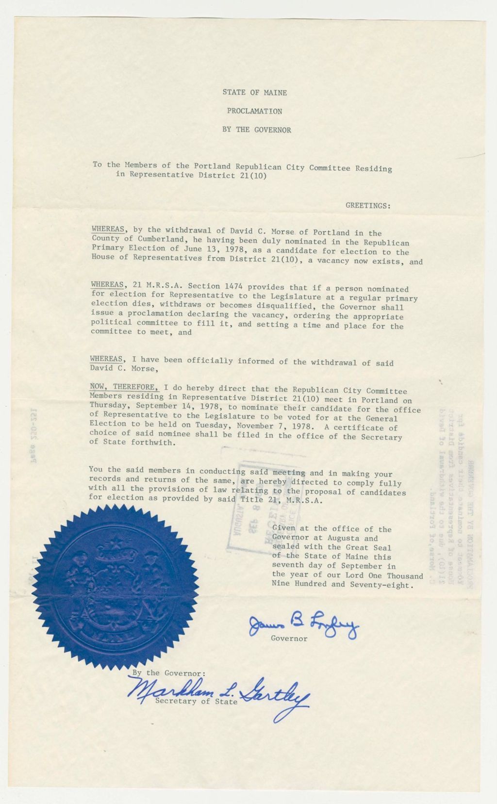 Miniature of to meet to nominate their candidate for House of Representatives from District 21(10), due to the withdrawal of David C. Morse of Portland