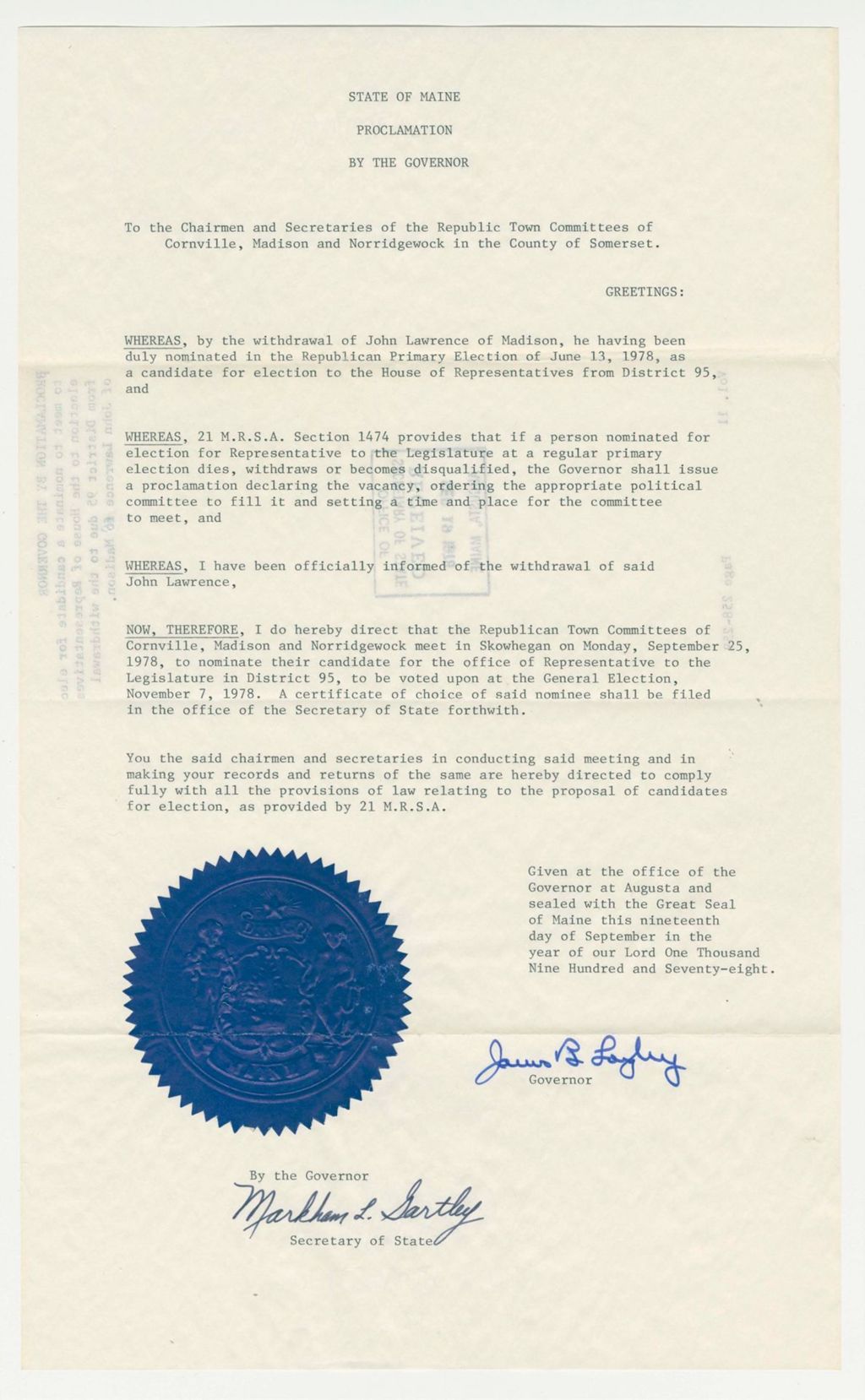 Miniature of To meet to nominate a candidate for election to the House of Representatives from District 95 due to the withdrawla of John Lawrence of Madison