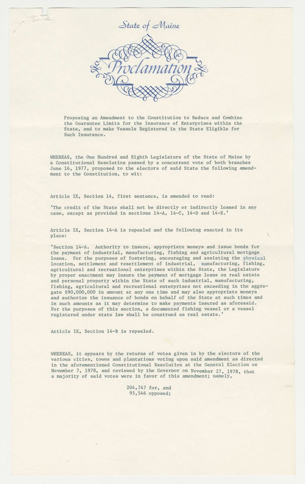 Miniature of Proposing an amendment to the Constitution to Reduce and Combine the Guarantee Limits for the Insurance of Enterprises within the State, and to make Vessels Registered in the State Eligible for Such Insurance