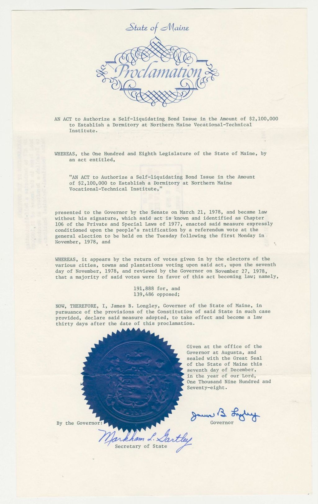 Miniature of An Act to Authorize a Self-Liquidating Bond Issue in the Amount of $2,100,000 to Establish a Dormitory at Northern Maine Vocational-Technical Institute