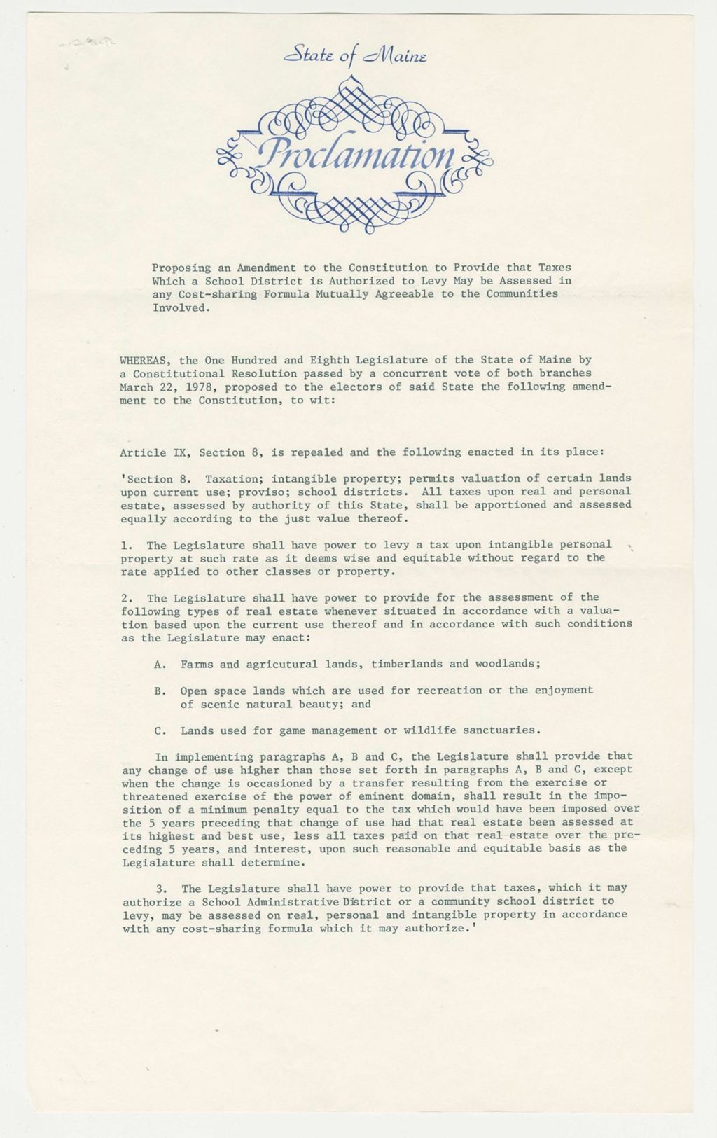 Miniature of Proposing an Amendment to the Constitution to Provide that Taxes which a School District is Authorized to Levy May be Assessed in any Cost-sharing Formula Mutually Agreeable to the Communities Involved