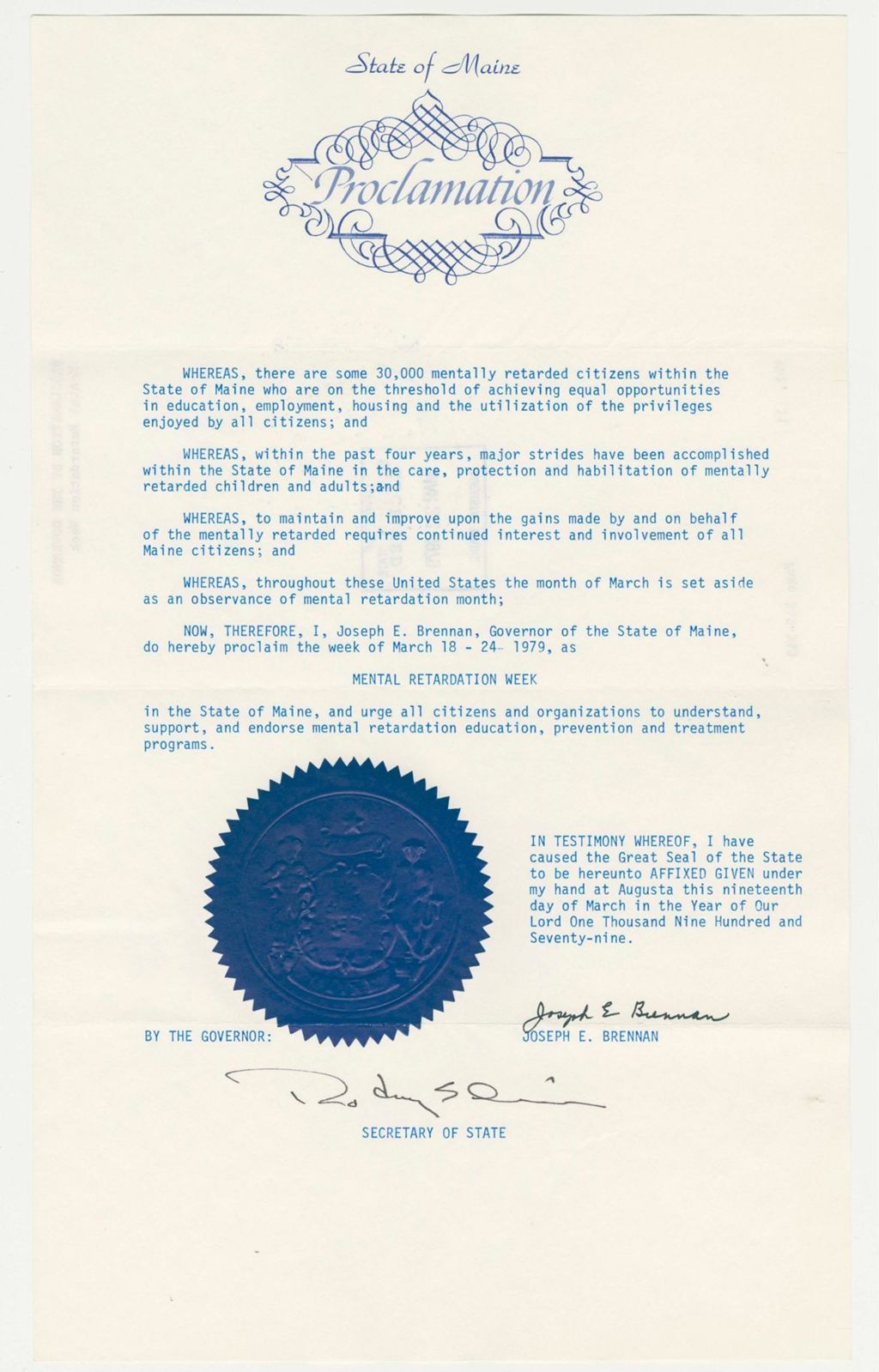 Miniature of Mental Retardation Week Proclamation