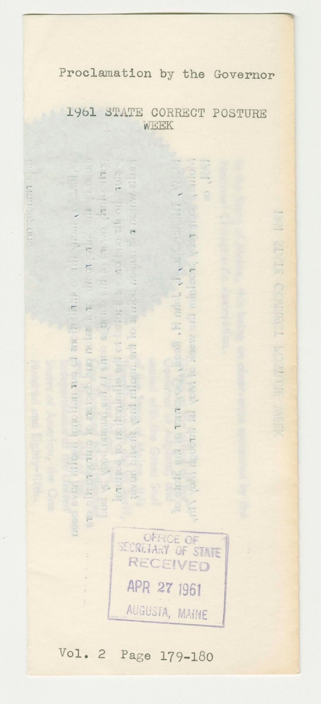Miniature of 1961 State Correct Posture Week Proclamation