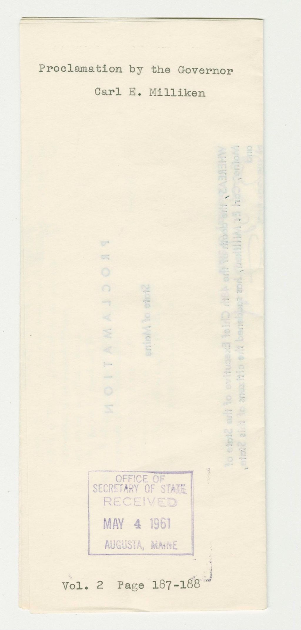 Miniature of Carl E. Milliken Proclamation