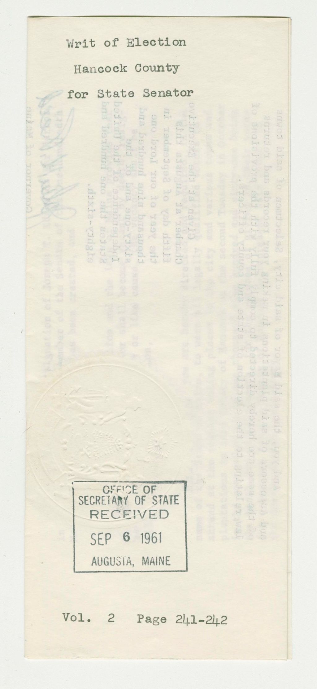 Miniature of Writ of Election Hancock County for State Senator