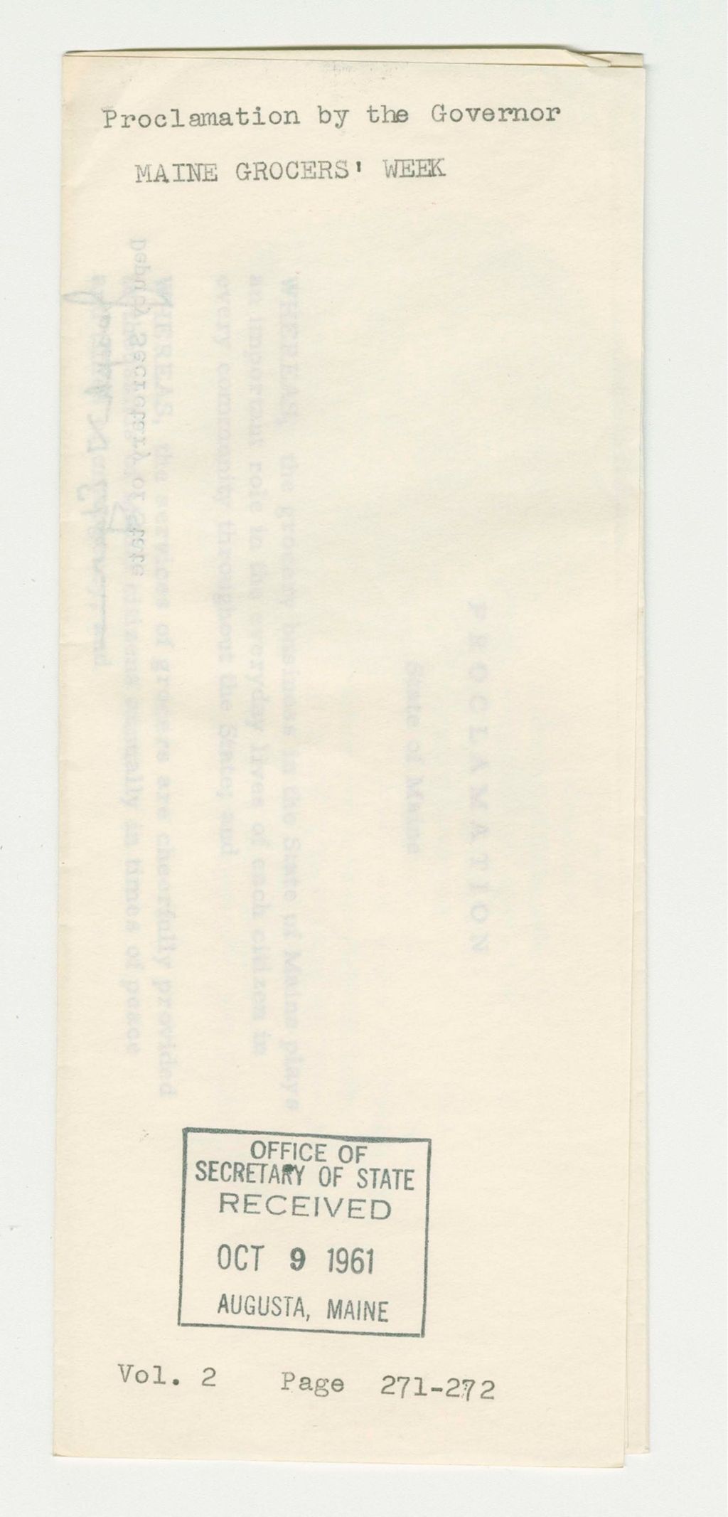 Miniature of Maine Grocers' Week Proclamation