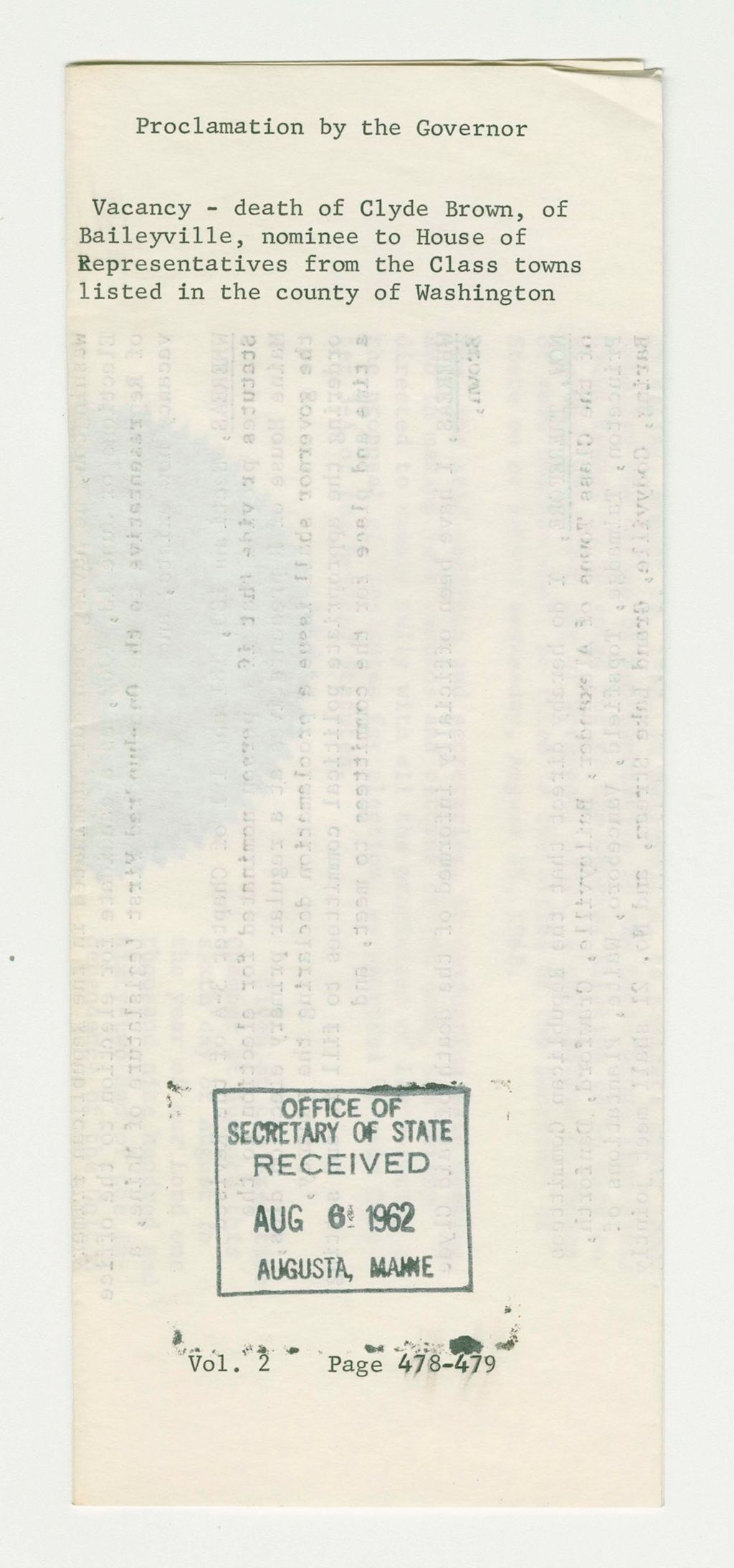 Miniature of Vacancy- death of Clyde Brown of Baileyville, nominee to House of Representatives from the Class towns listed in the county of Washington