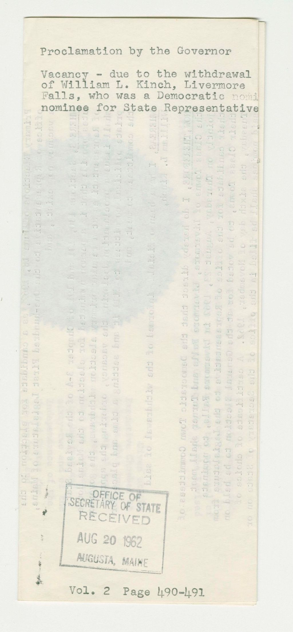 Miniature of Vacancy- due to the withdrawal of William L. Kinch, Livermore Falls, who was a Democratic nominee for State Representative