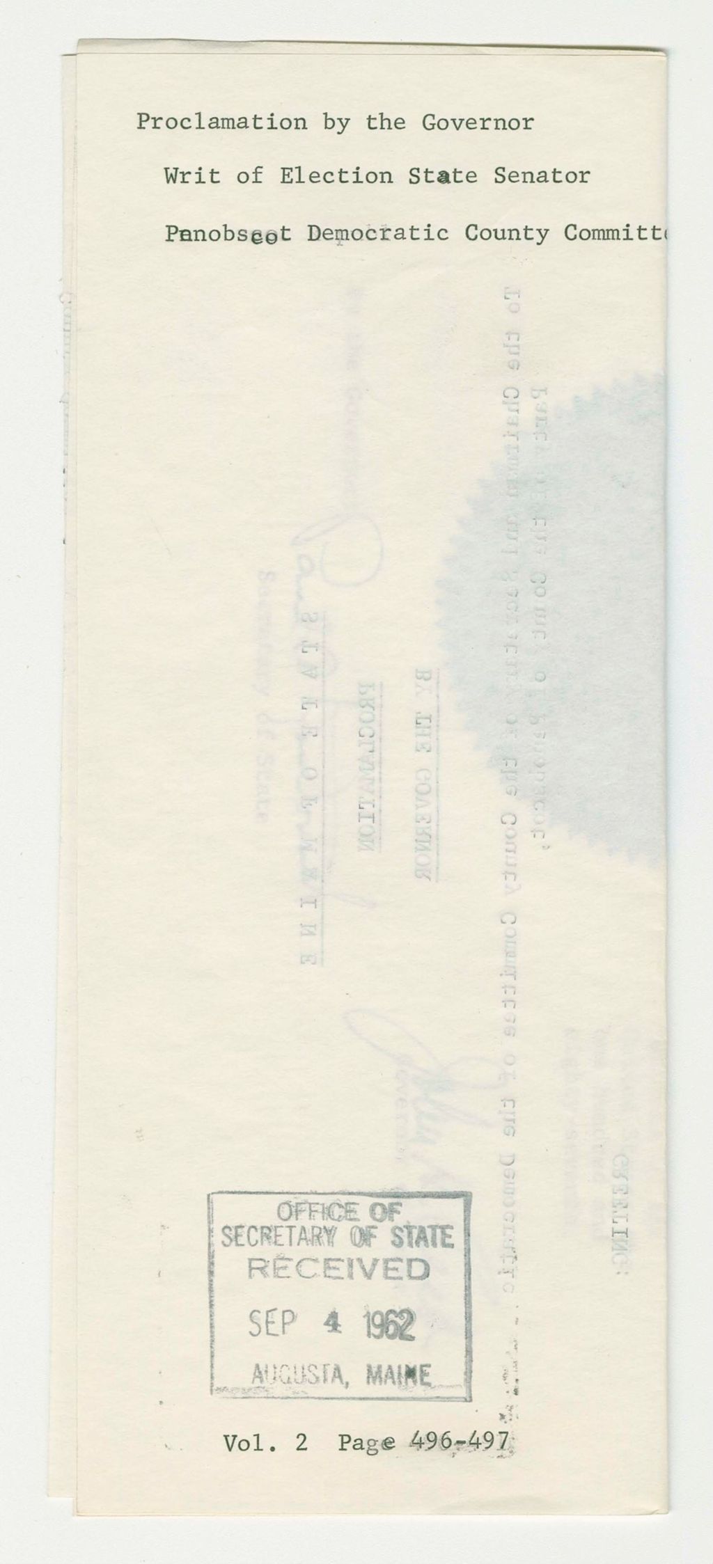 Miniature of Writ of Election State Senator, Penobscot Democratic County Committee