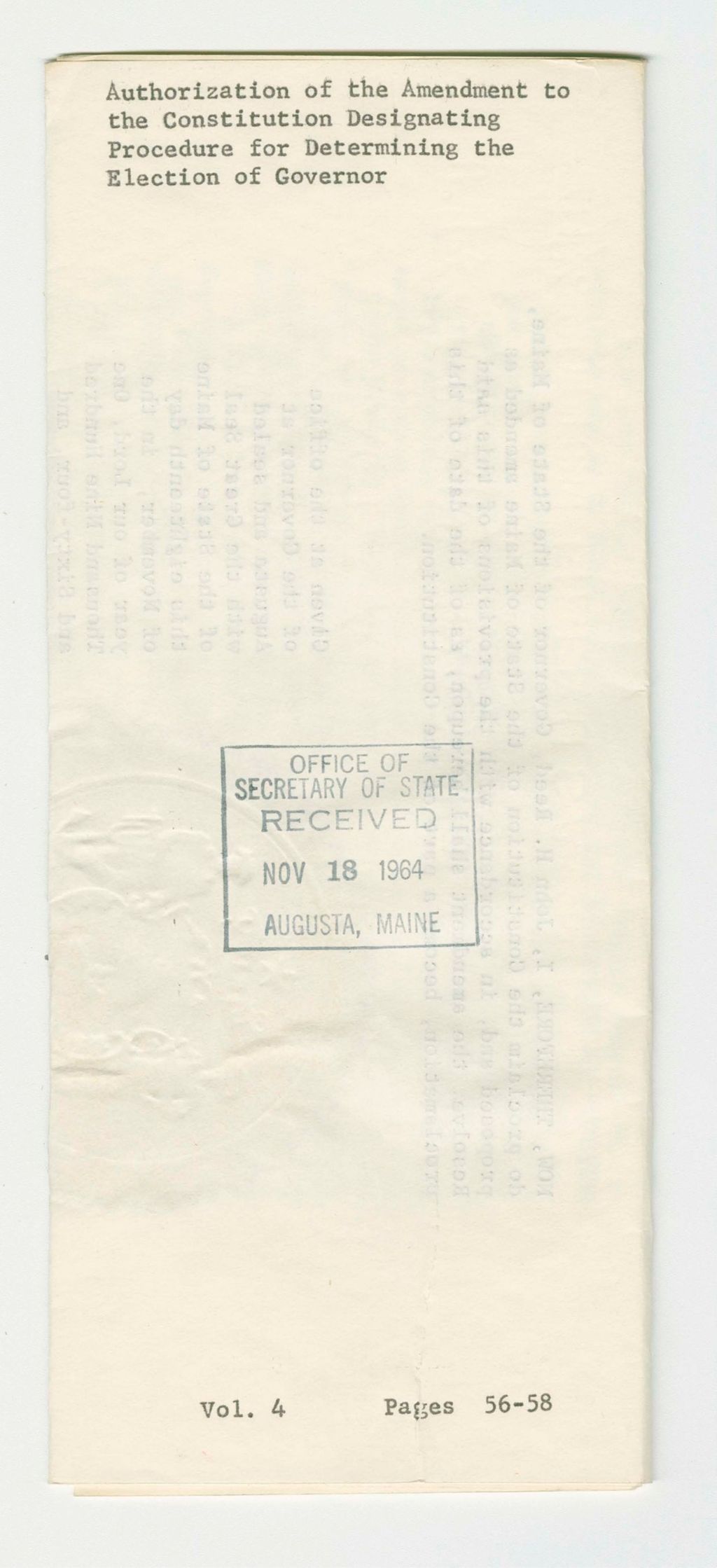 Miniature of Authorization of the Amendment to the Constitution Designating Procedure for Determining the Election of Governor