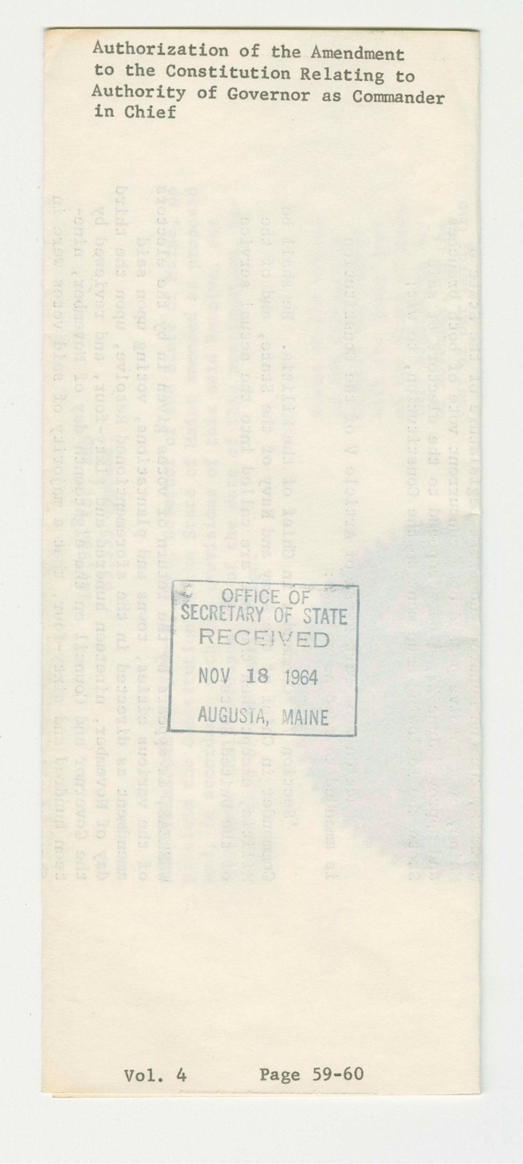 Miniature of Authorization of the Amendment to the Constitution Relating to Authority of Governor as Commander in Chief