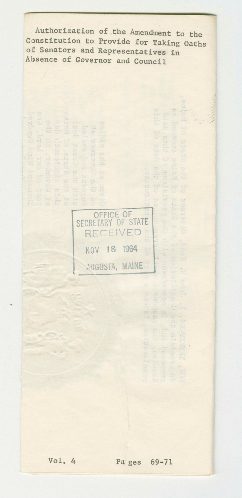 Miniature of Authorization of the Amendment to the Constitution to Provide for Taking Oaths of Senators and Representatives in Absence of Governor and Council
