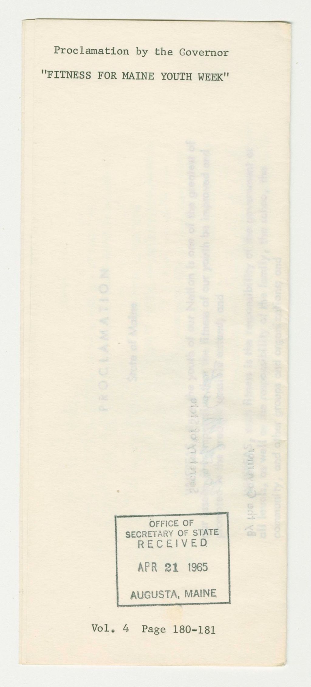 Miniature of "Fitness for Maine Youth Week" Proclamation