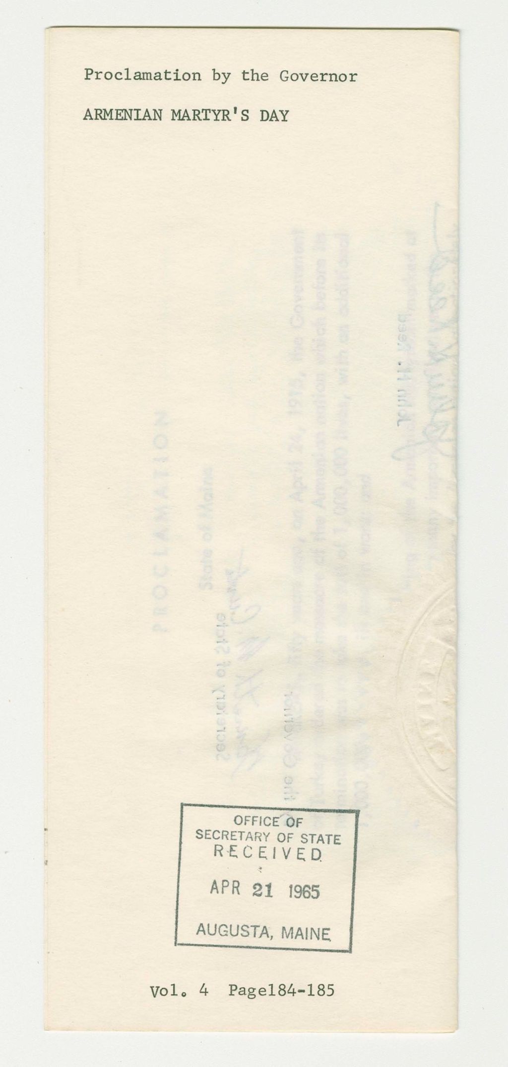 Miniature of Armenian Martyr's Day Proclamation