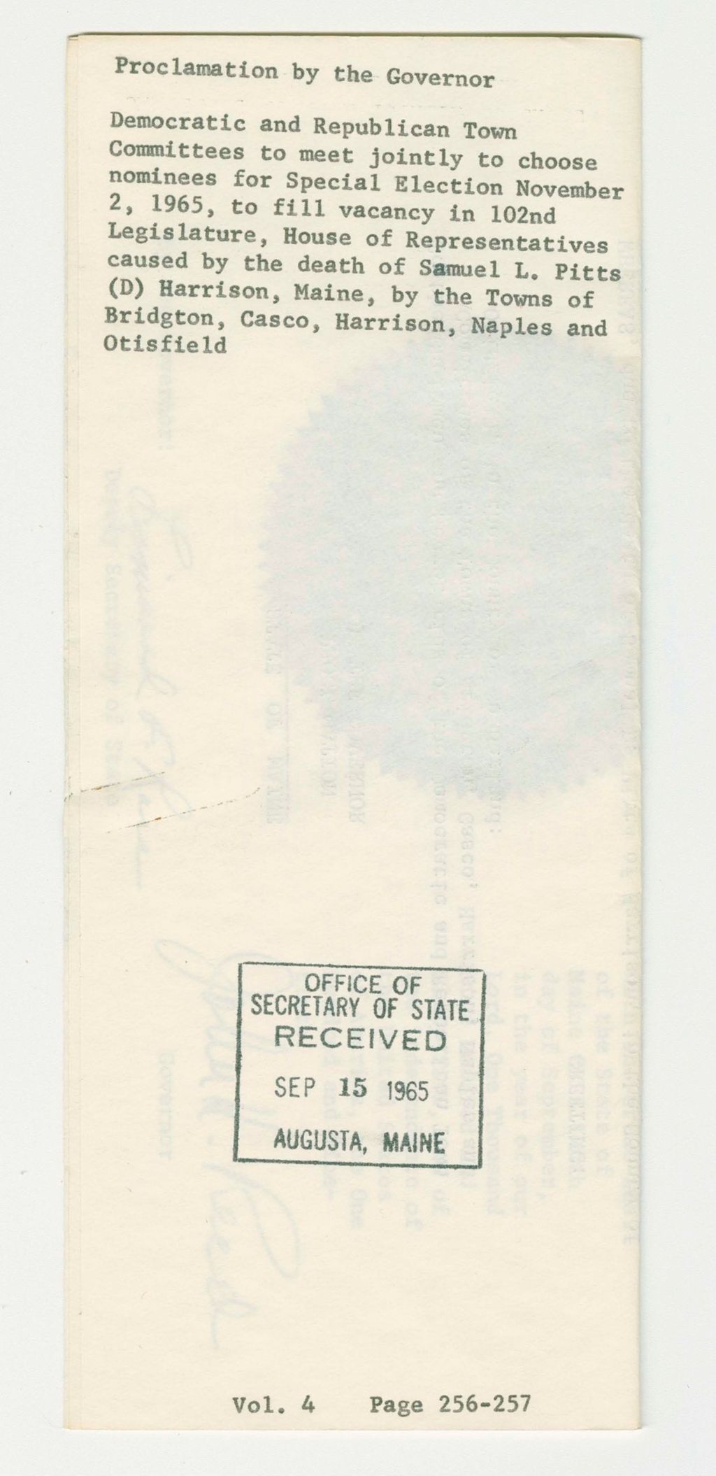 Miniature of Democratic and Republican Town Committees to meet jointly to choose nominees for Special Election November 2, 1965, to fill vacancy in 102nd Legislature, House of Representatives caused by the death of Samuel L. Pitts (D) Harrison, Maine, by the Towns of Bridgton, Casco, Harrison, Naples and Otisfield
