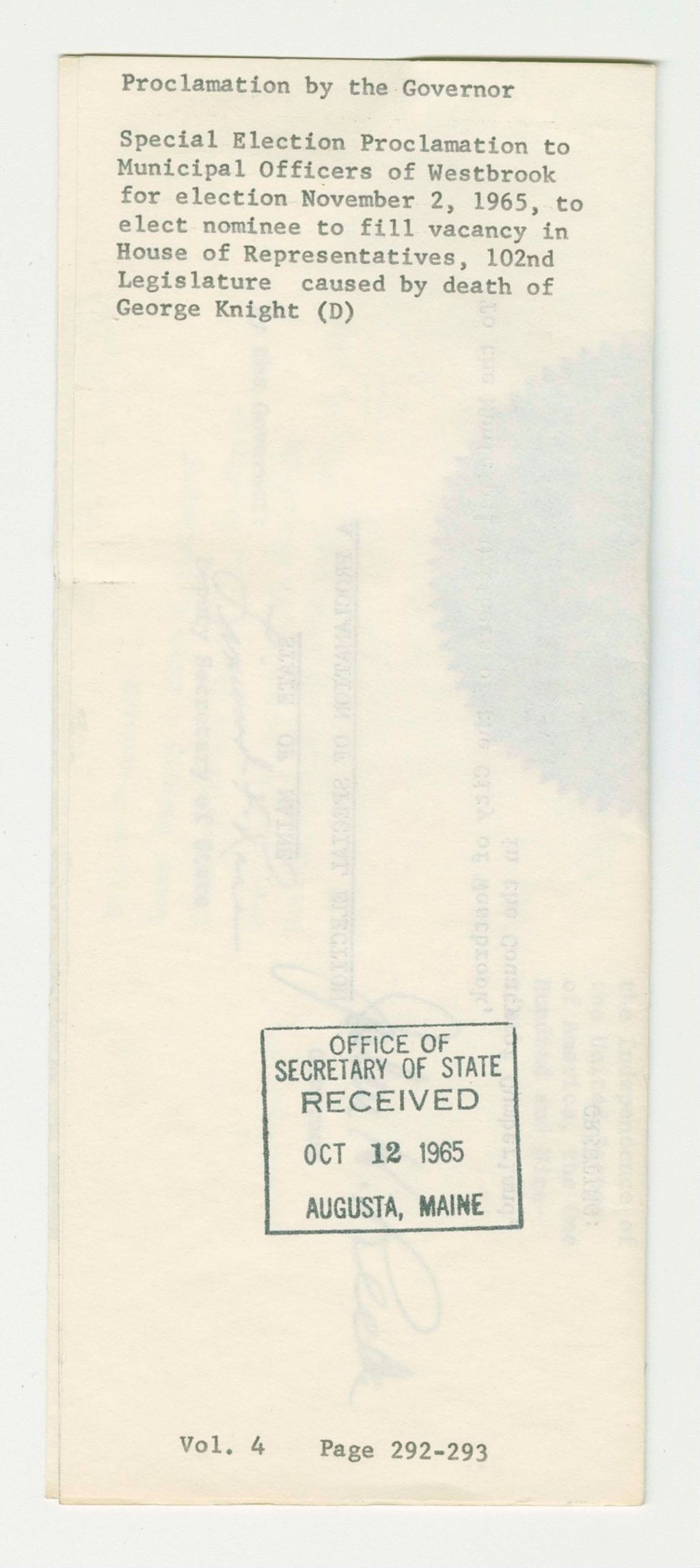 Miniature of Special Election Proclamation to Municipal Officers of Westbrook for election November 2, 1965, to elect nominee to fill vacancy in House of Representatives, 102nd Legislature caused by the death of George Knight (D)