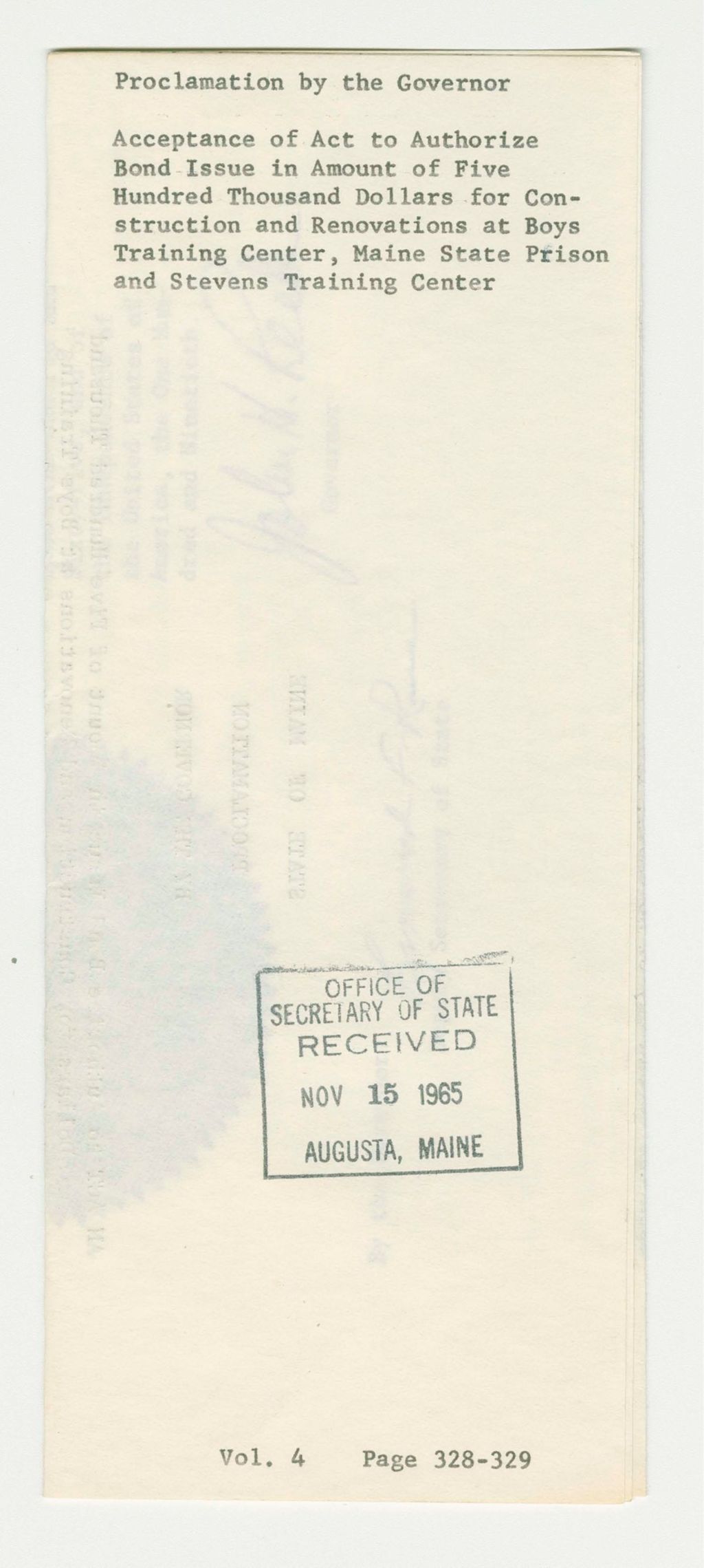 Miniature of Acceptance of Act to Authorize Bond Issue in Amount of Five Hundred Thousand Dollars for Construction and Renovations at Boys Training Center, Maine State Prison and Stevens Training Center