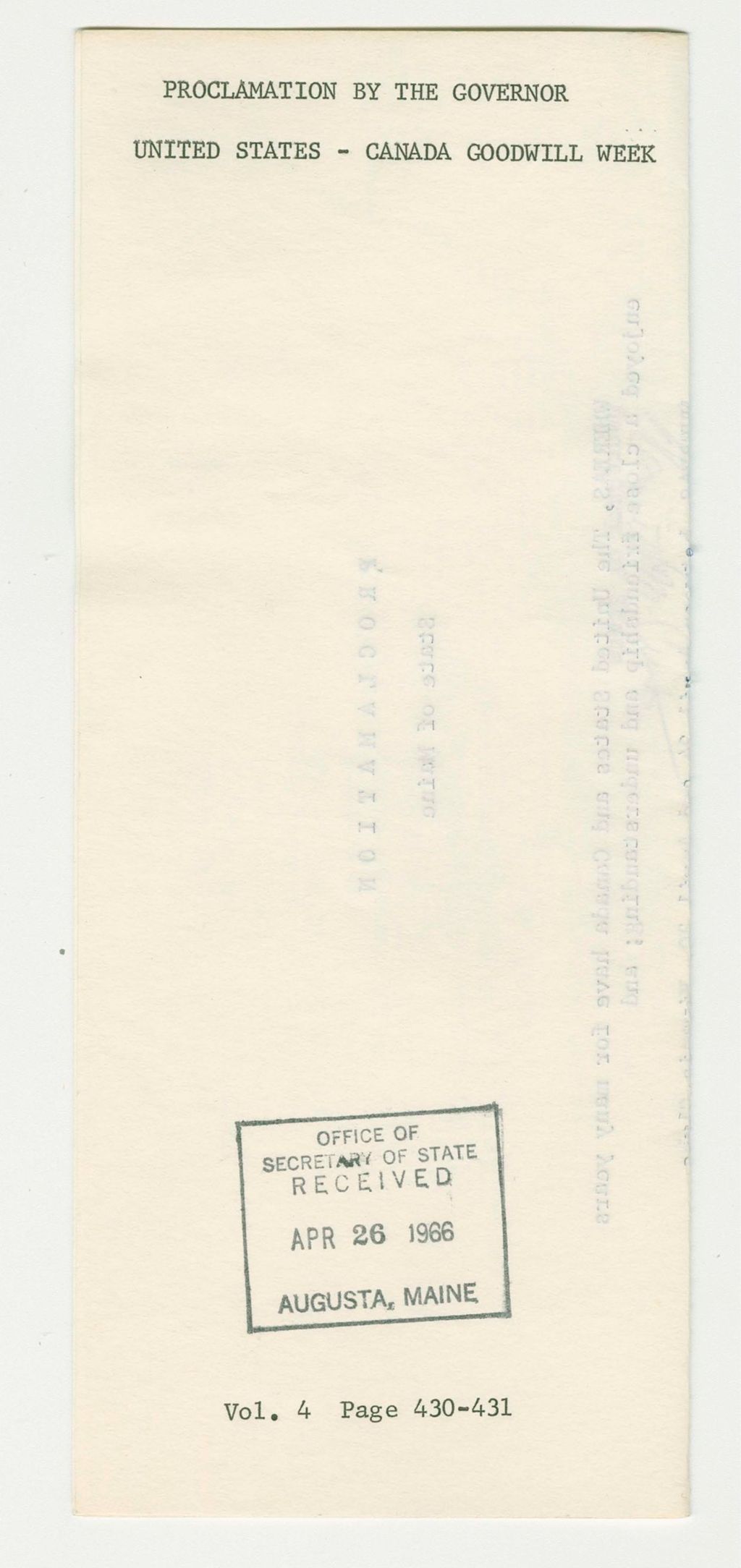 Miniature of United States-Canada Goodwill Week Proclamation