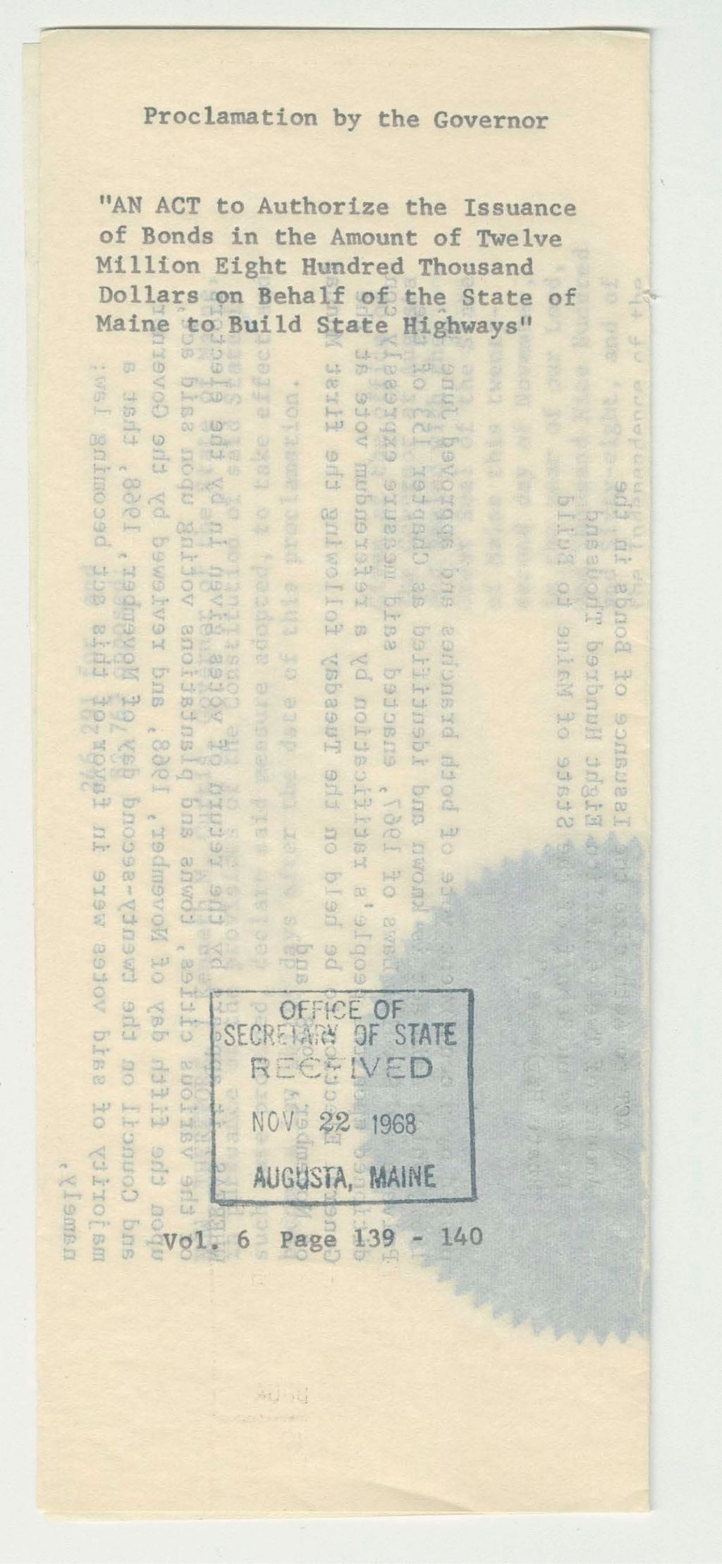 Miniature of An Act to Authorize the Issuance of Bonds in the Amount of Twelve Million Dollars on Behalf of the State of Maine to Build State Highways