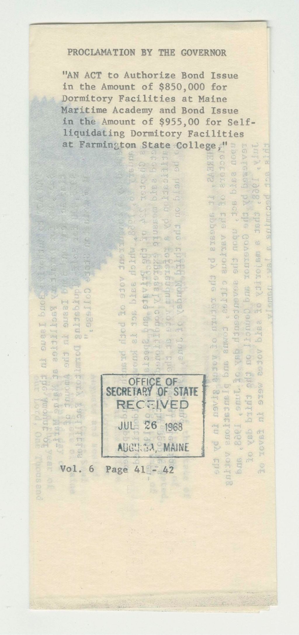 Miniature of An Act to Authorize Bond Issue in the Amount of $850,000 for Dormitory Facilities at Maine Maritime Academy and Bond Issue in the Amount of $955,000 for self-liquidating dormitory facilities at Farmington State College
