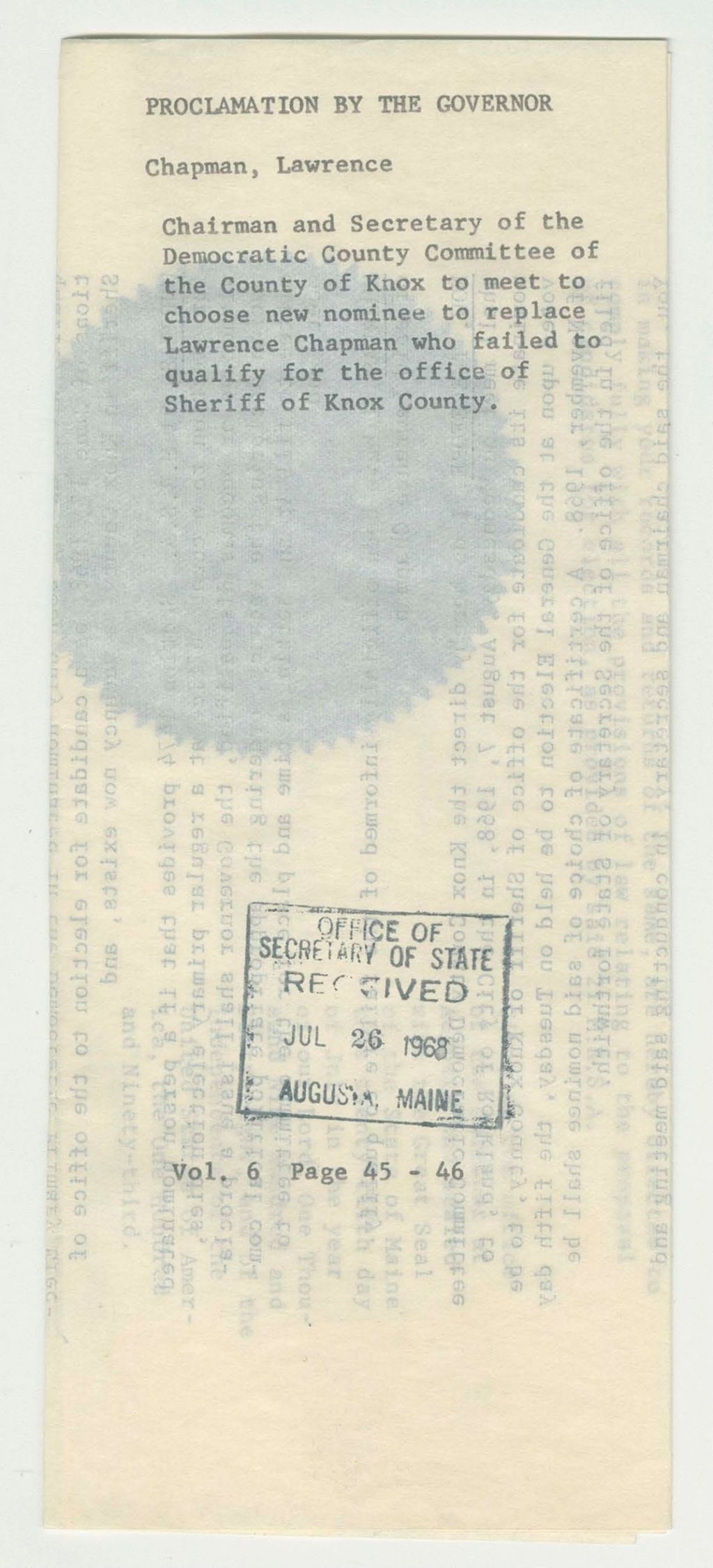 Miniature of Chairman and Secretary of the Democratic County Committee of the County of Knox to meet to choose new nominee to replace Lawrence Chapman who failed to qualify for the office of Sheriff of Knox County