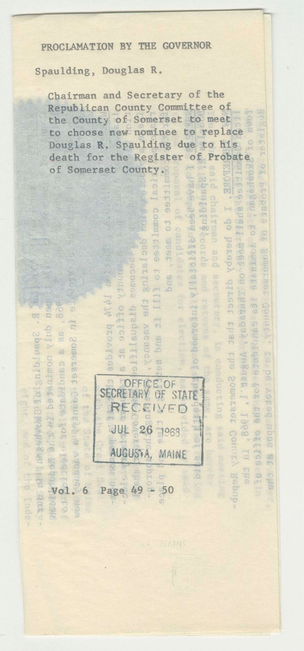 Miniature of Chairman and Secretary of the Republican County Committee of the County of Somerset to meet to choose new nominee to replace Douglas R. Spaulding due to his death for the Register of Probate of Somerset County