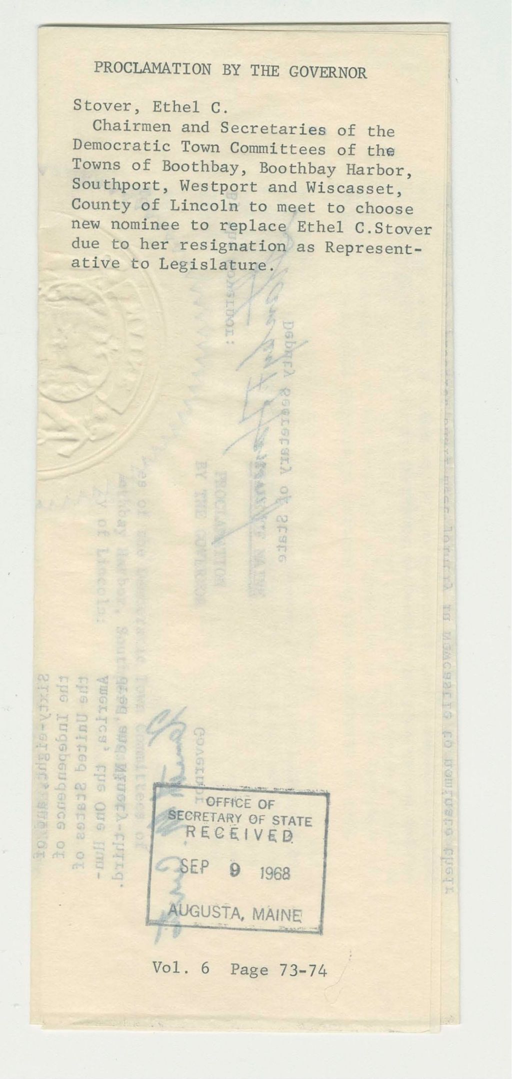 Miniature of Chairmen and Secretaries of the Democratic Town Committees of the Towns of Boothbay, Boothbay Harbor, Southport, Westport and Wiscasset, County of Lincoln to meet to choose new nominee to replace Ethel C. Stover due to her resignation as Representative to Legislature
