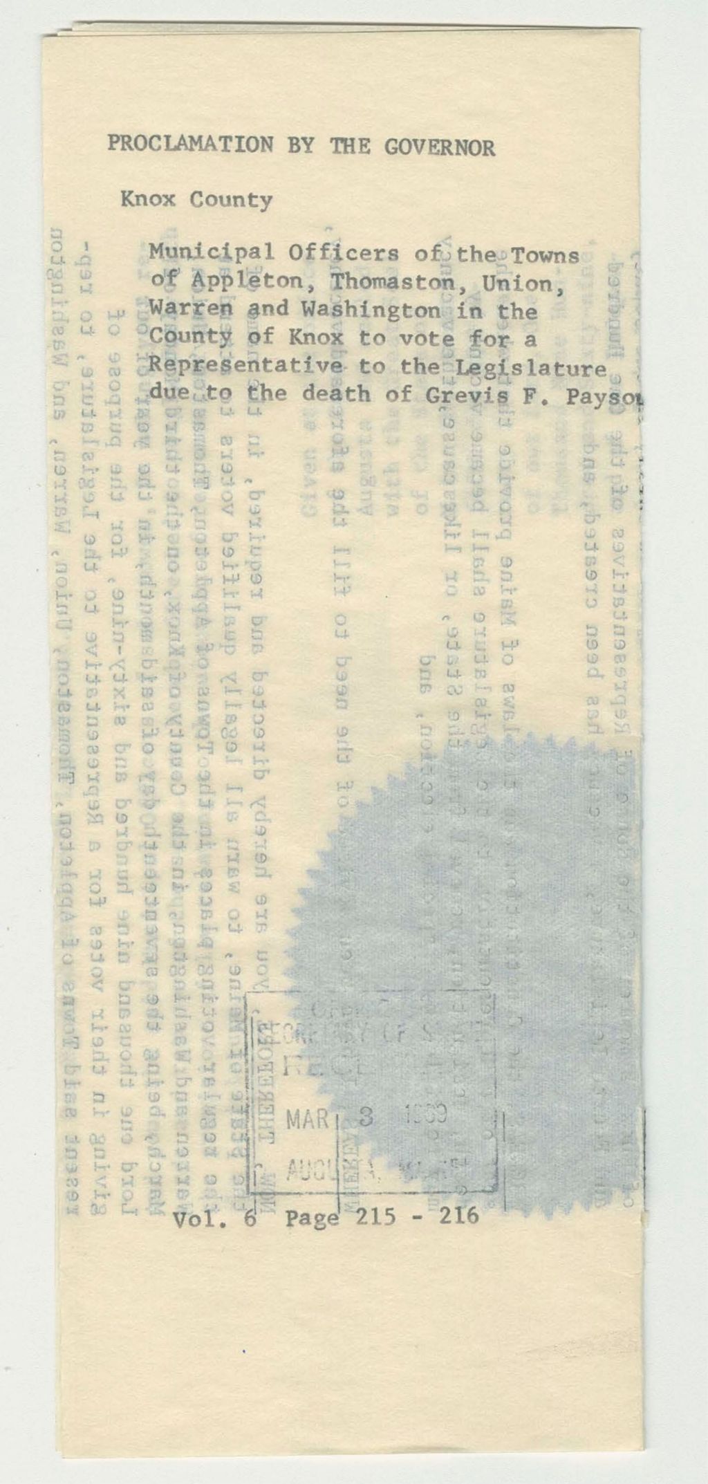 Miniature of Municipal Officers of the Towns of Appleton, Thomaston, Union, Warren and Washington in the county of Knox to vote for a Representative to the Legislature due to the death of Grevis F. Payson