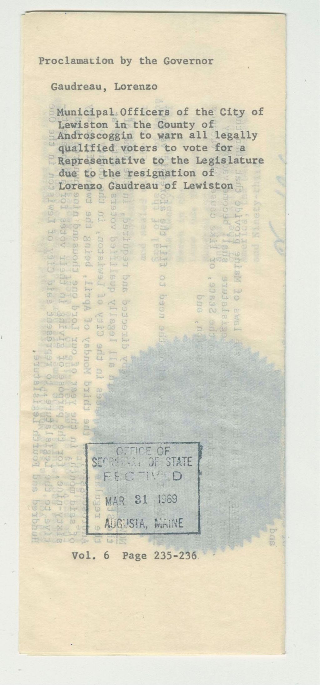 Miniature of Municipal Officers of the City of Lewiston in the County of Androscoggin to warn all legally qualified voters to vote for a representative to the legislature due to the resignation of Lorenzo Gaudreau of Lewiston