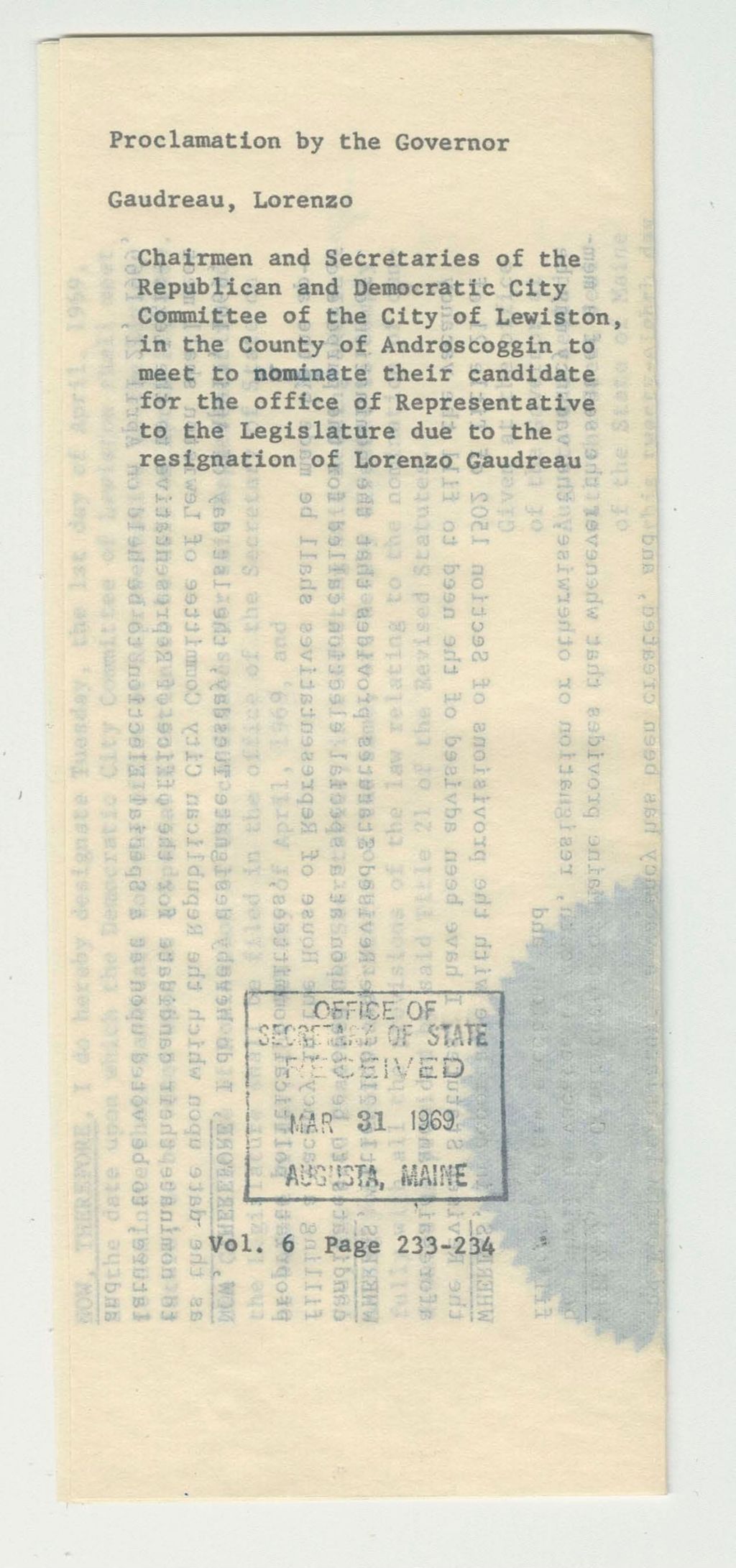 Miniature of Chairmen and Secretaries of the Republican and Democratic City Committee of the City of Lewiston in the County of Androscoggin to meet to nominate their candidate for the office of Representative to the Legislature due to the resignation of Lorenzo Gaudreau