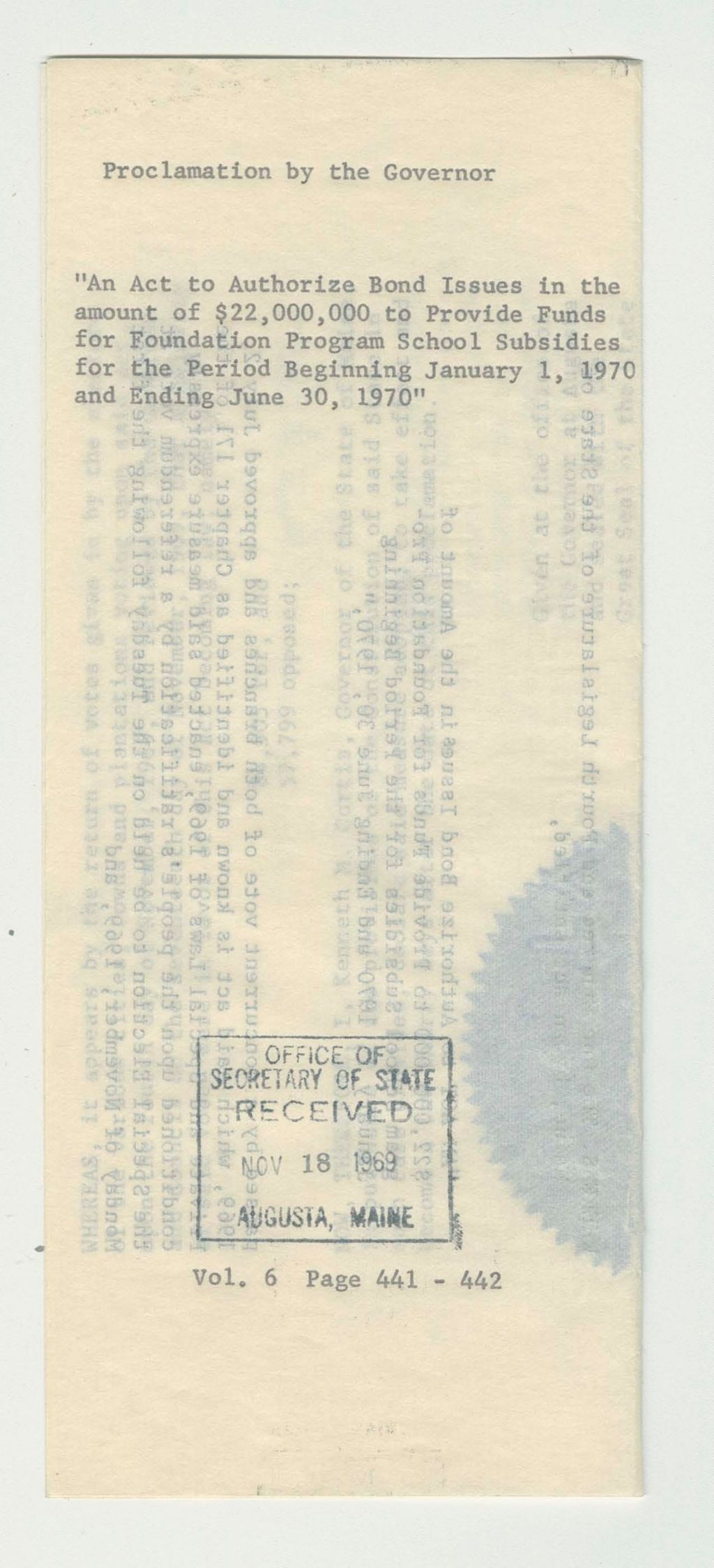 Miniature of An Act to Authorize Bond Issues in the Amount of $22,000,000 to Provide Funds for Foundation Program School Subsidies for the Period Beginning January 1, 1970 and Ending June 30, 1970