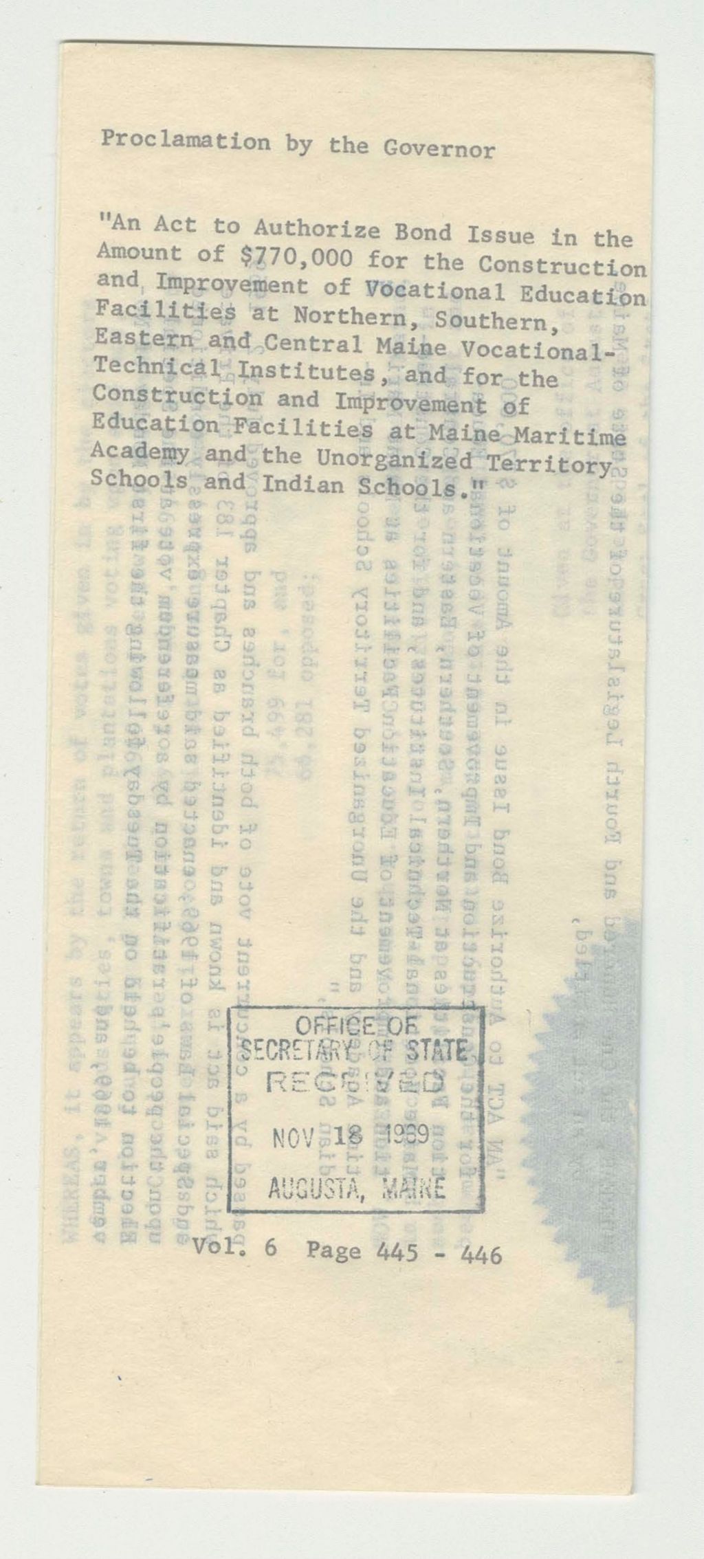Miniature of An Act to Authorize Bond Issue in the amount of $770,000 for the construction and improvement of vocational education facilities at Northern, Southern, Eastern and Central Maine Vocational-Technical Institutes, and for the Construction and Improvement of Education Facilities at Maine Maritime Academy and the Unorganized Territory Schools and Indian Schools