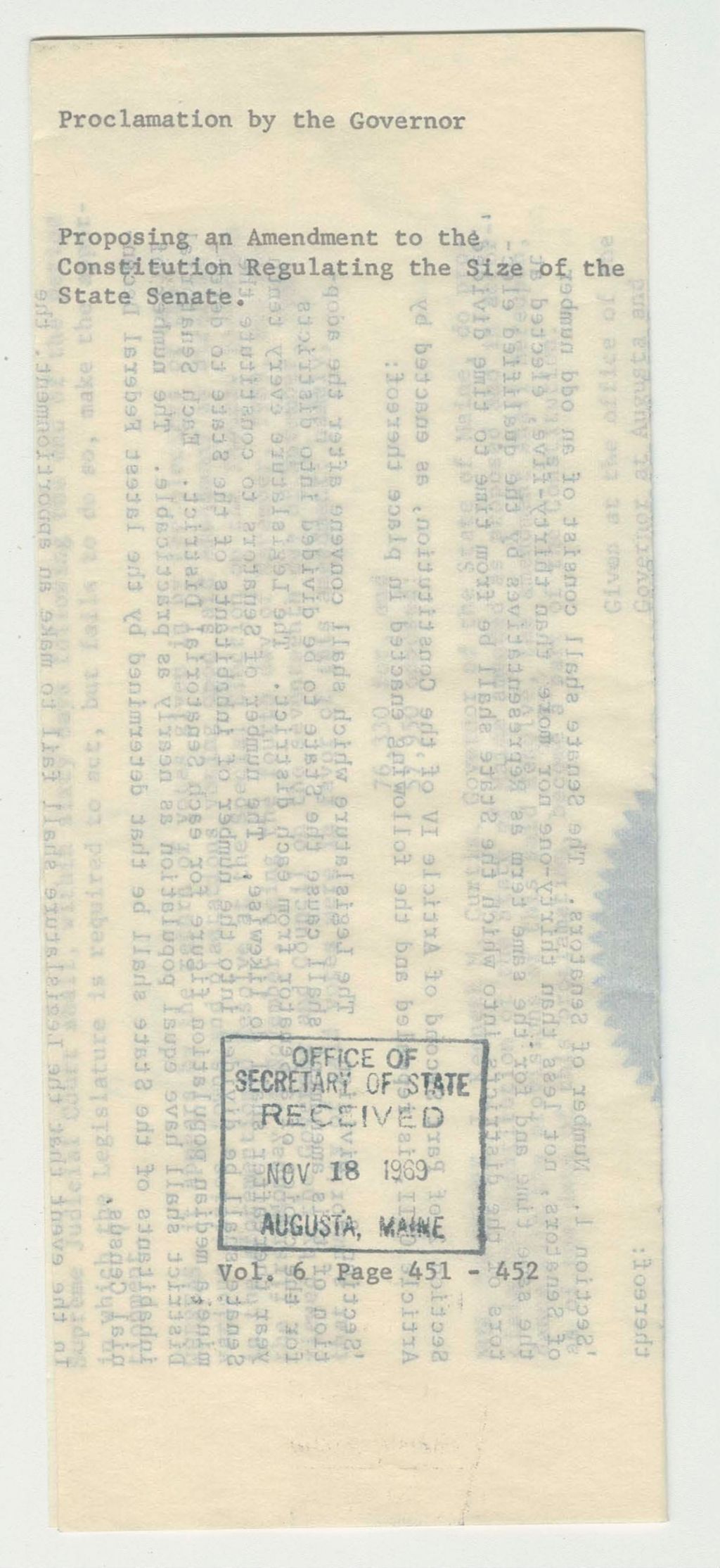 Miniature of Proposing an Amendment to the Constitution Regulating the size of the State Senate