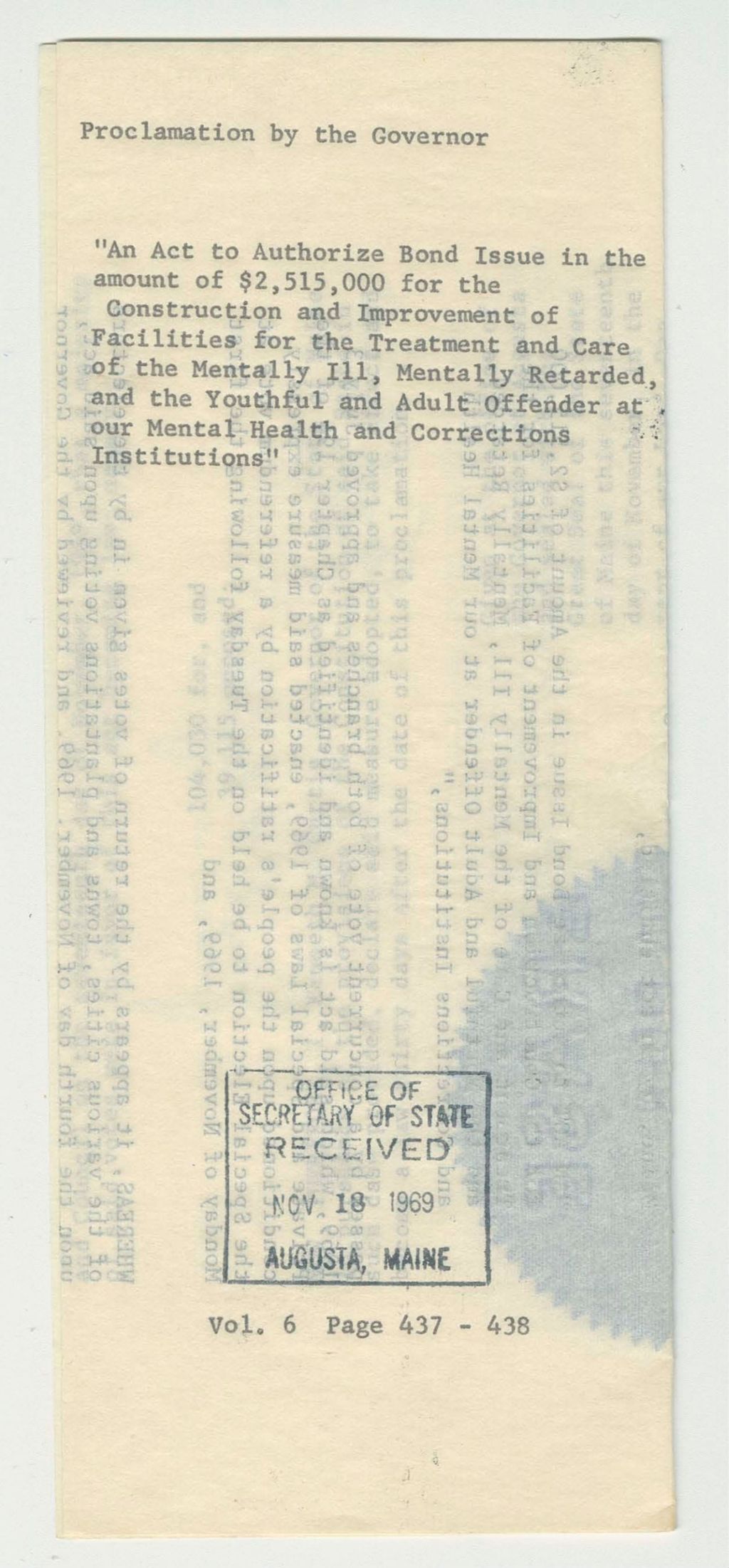 Miniature of An Act to Authorize Bond Issue in the amount of $2,515,000 for the Construction and Improvement of Facilities for the Treatment and Care of the Mentally Ill, Mentally Retarded, and the Youthful and Adult Offender at Our Mental Health and Corrections Institutions