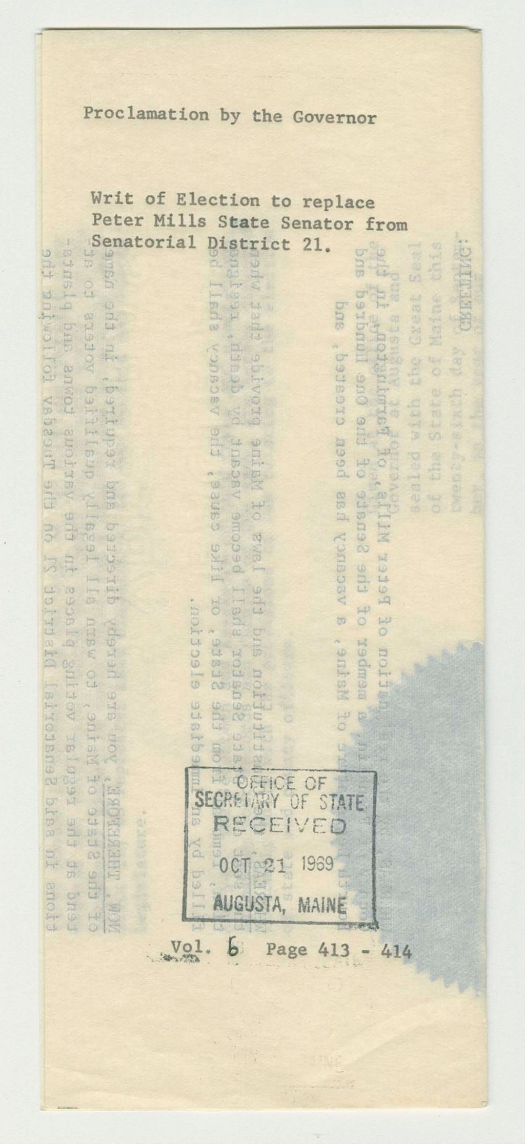 Miniature of Writ of Election to replace Peter Mills State Senator from Senatorial District 21