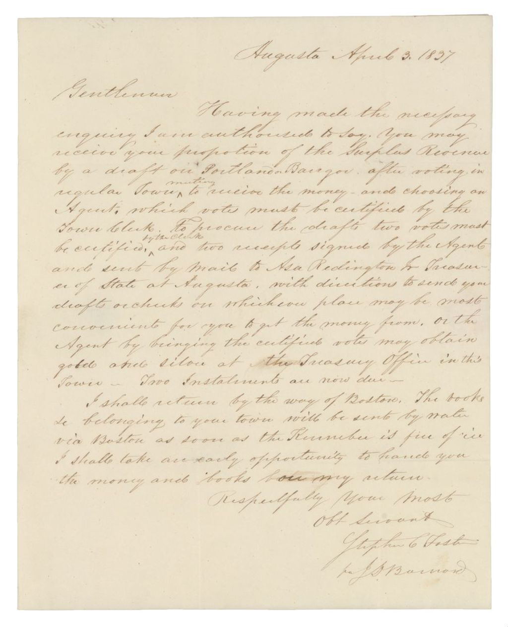 Miniature of Letter to selectmen of Dennysville regarding surplus revenue