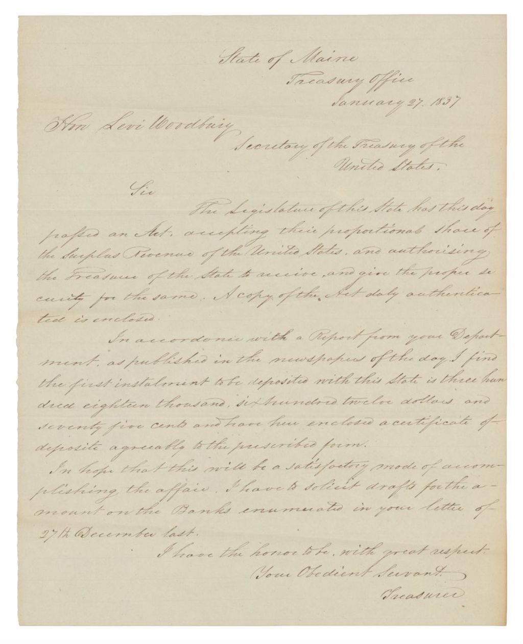 Miniature of Correspondence Between Maine Treasury Department and US Treasury Regarding Surplus Revenue