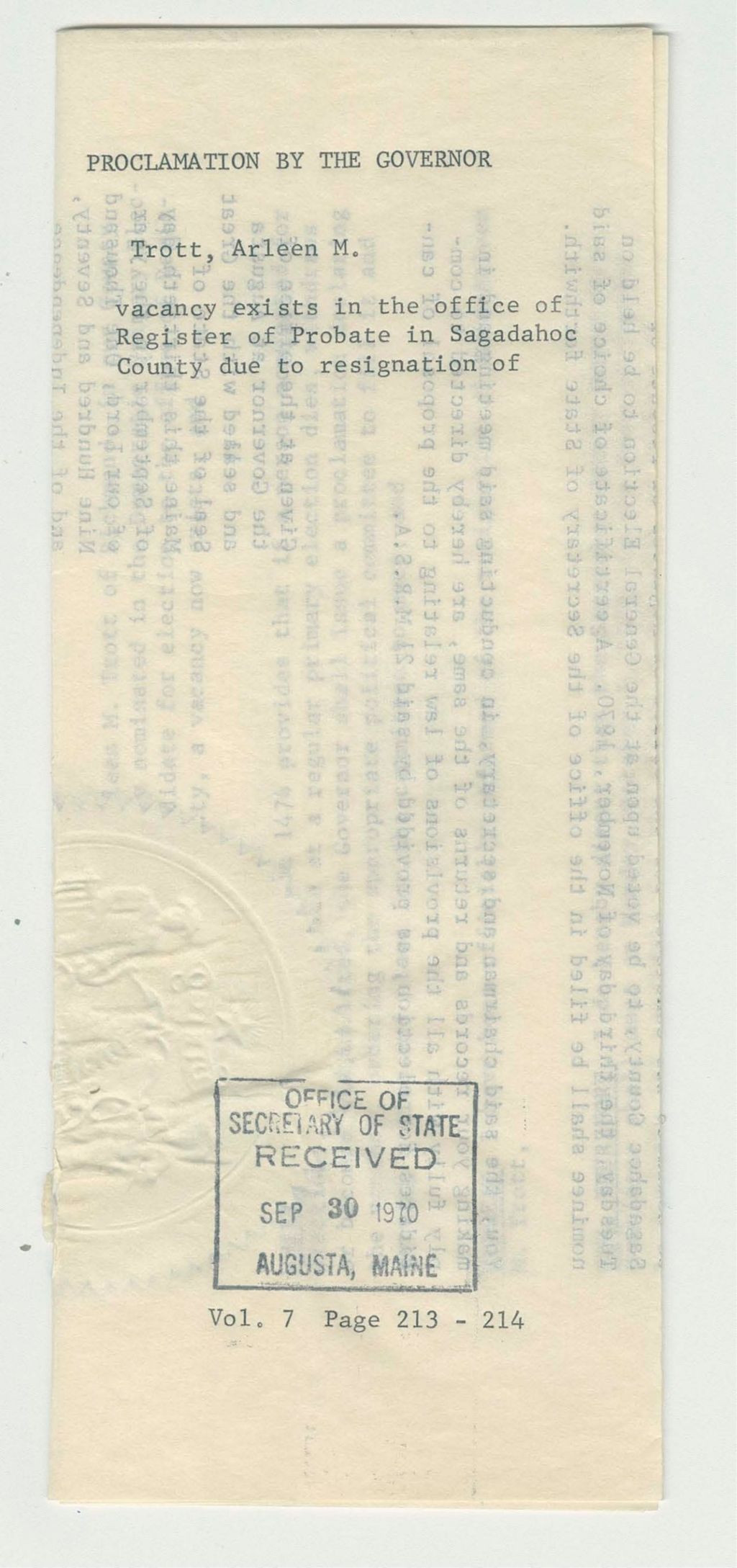 Miniature of Vacancy exists in the office of Register of Probate in Sagadahoc County due to resignation of Arleen M. Trott