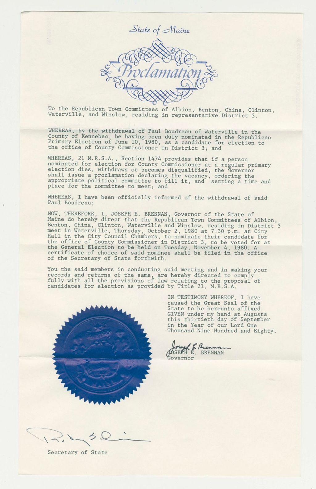 Miniature of Nomination for Election due to withdrawal of Paul Boudreau (Waterville)