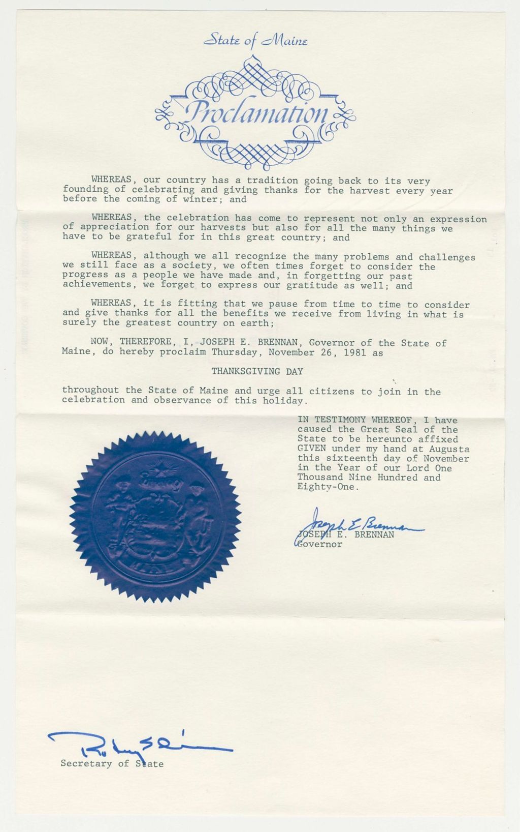 Miniature of Thanksgiving Day Proclamation