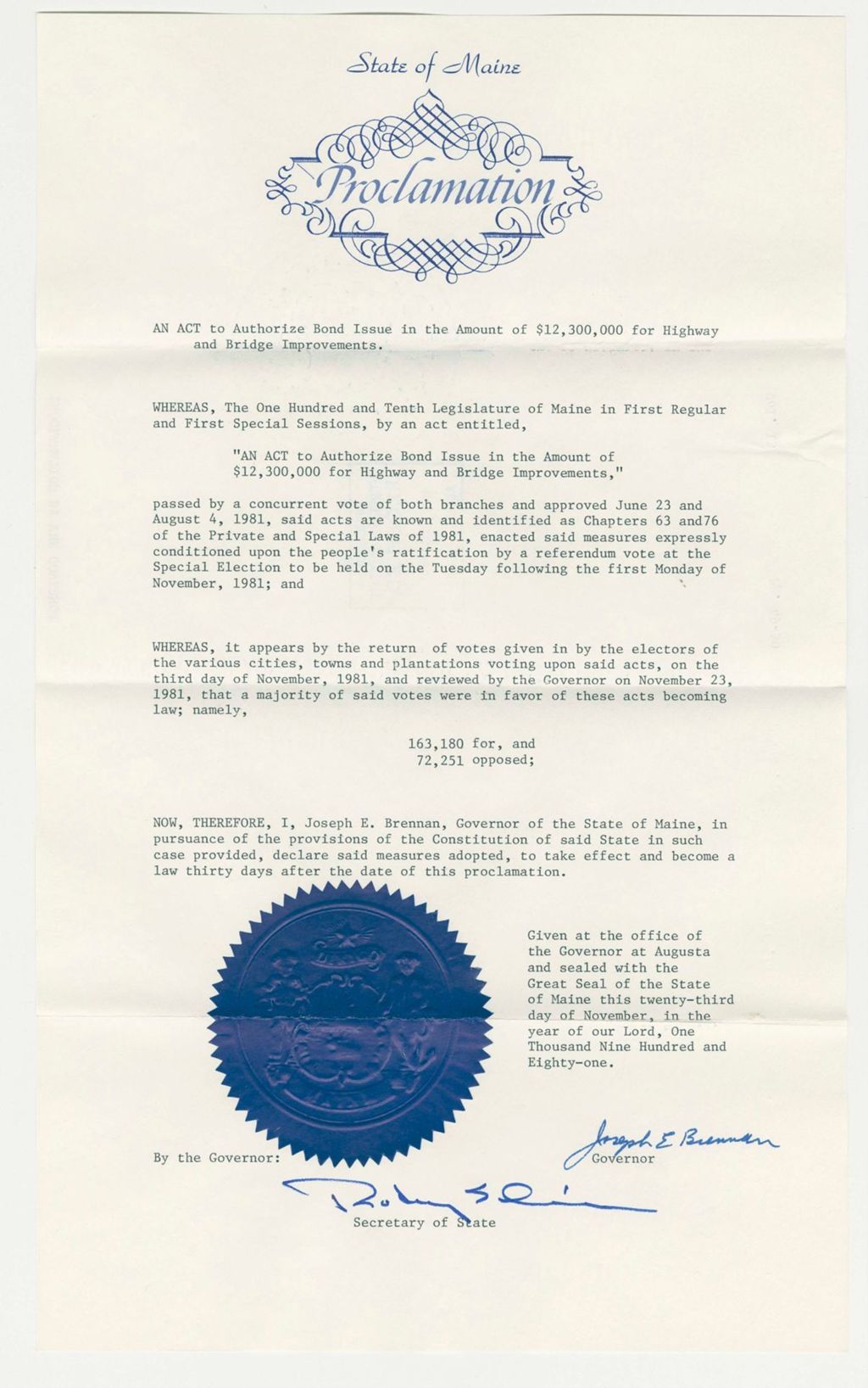 Miniature of Acceptance of an Act to Authorize Bond Issue in the Amount of $12,300,000 for Highway and Bridge Improvements