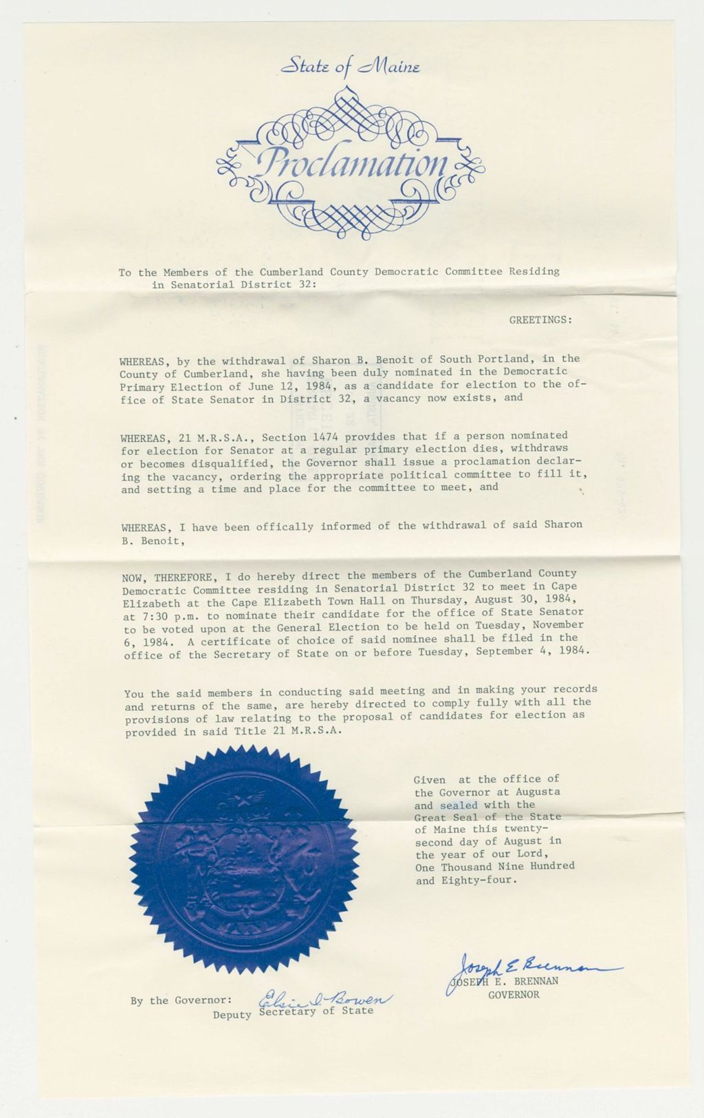 Miniature of Nomination for Election due to the withdrawal of Sharon B. Benoit (South Portland)