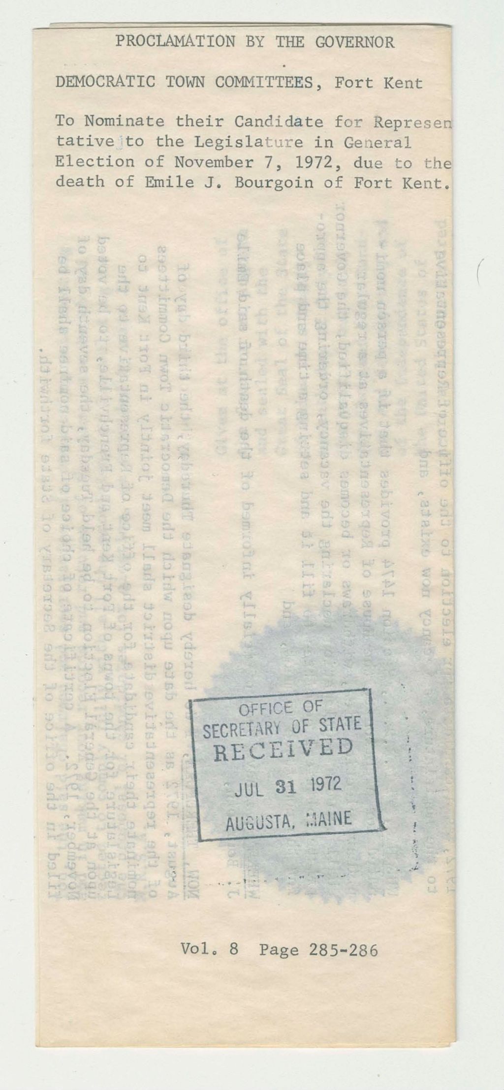 Miniature of To Nominate their candidate for Representative to the Legislature in General Election of November 7, 1972, due to the death of Emile J. Bourgoin of Fort Kent
