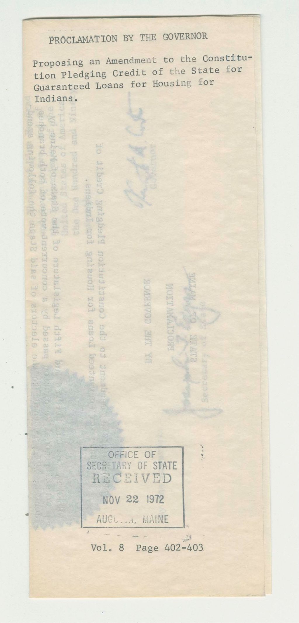 Miniature of Proposing an Amendment to the Constitution Pledging Credit of the State for Guaranteed Loans for Housing for Indians