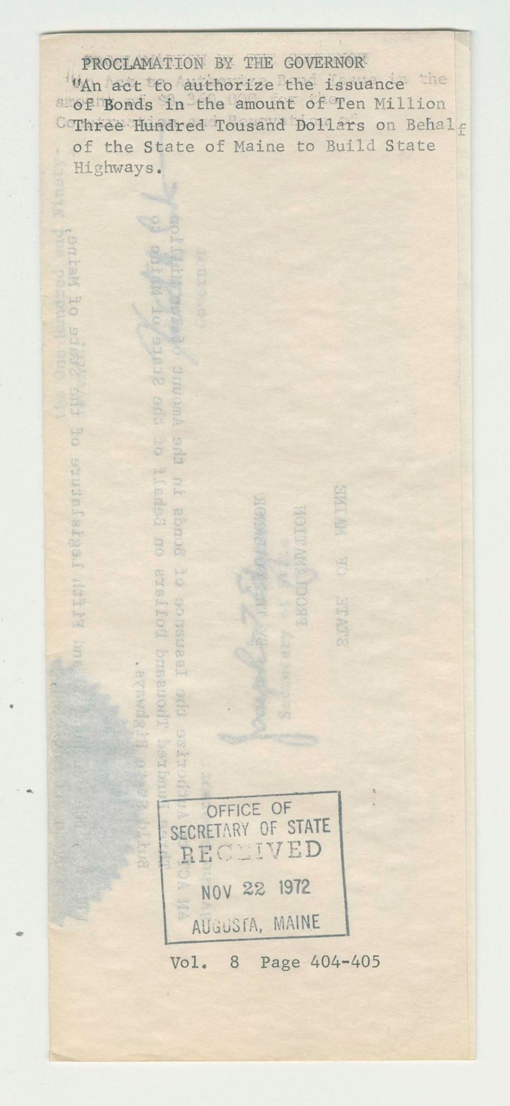 Miniature of An act to authorize the issuance of Bonds in the amount of Ten Million Three Hundred Thousand Dollars on Behald of the State of Maine to Build State Highways