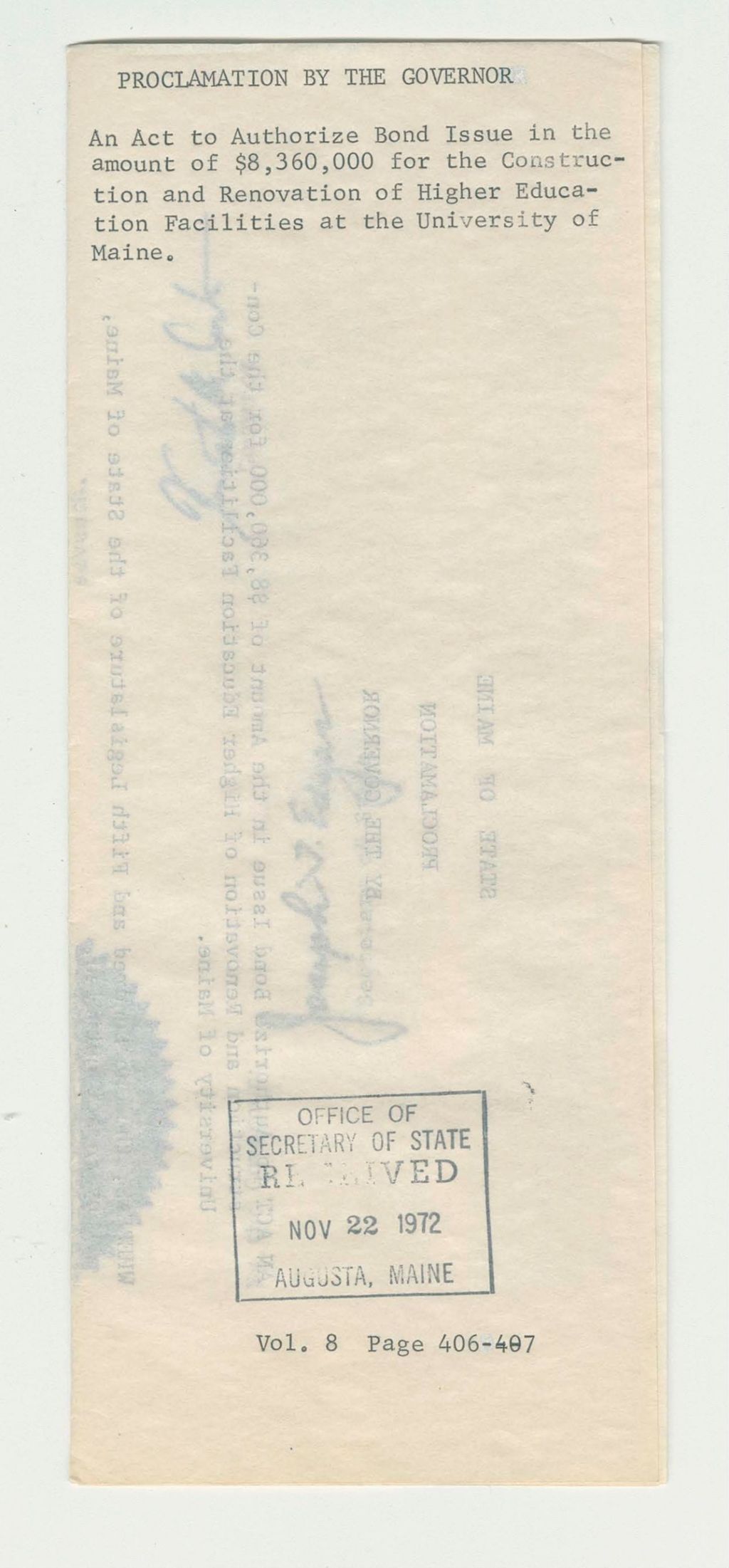 Miniature of An Act to authorize Bond Issue in the amount of $8,360,000 for the Construction and Renovation of Higher Education Facilities at the University of Maine