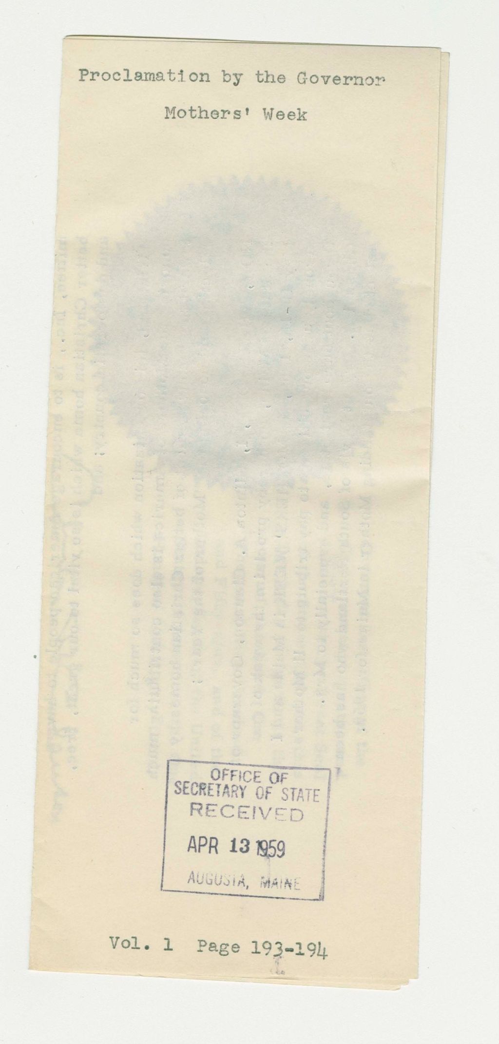 Miniature of Mother's Week Proclamation